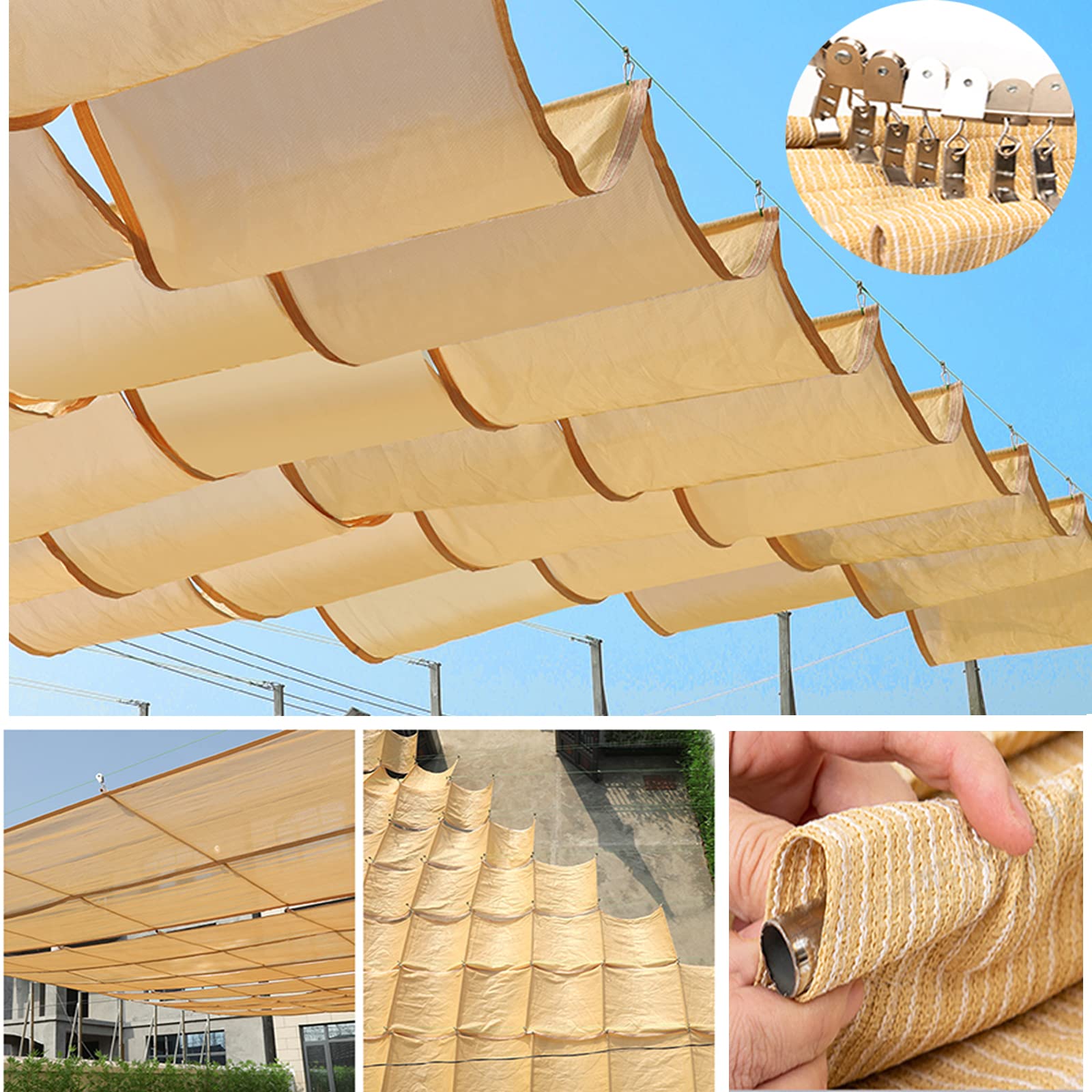 Ausziehbares Draht-Sonnensegel mit UV-Block, Sichtschutznetz und Netzplane, perfekt für Garten, Terrasse, Dach und Pergola, Outdoor-Sonnenschutz, Beige, Größe 1,1 x 12 m