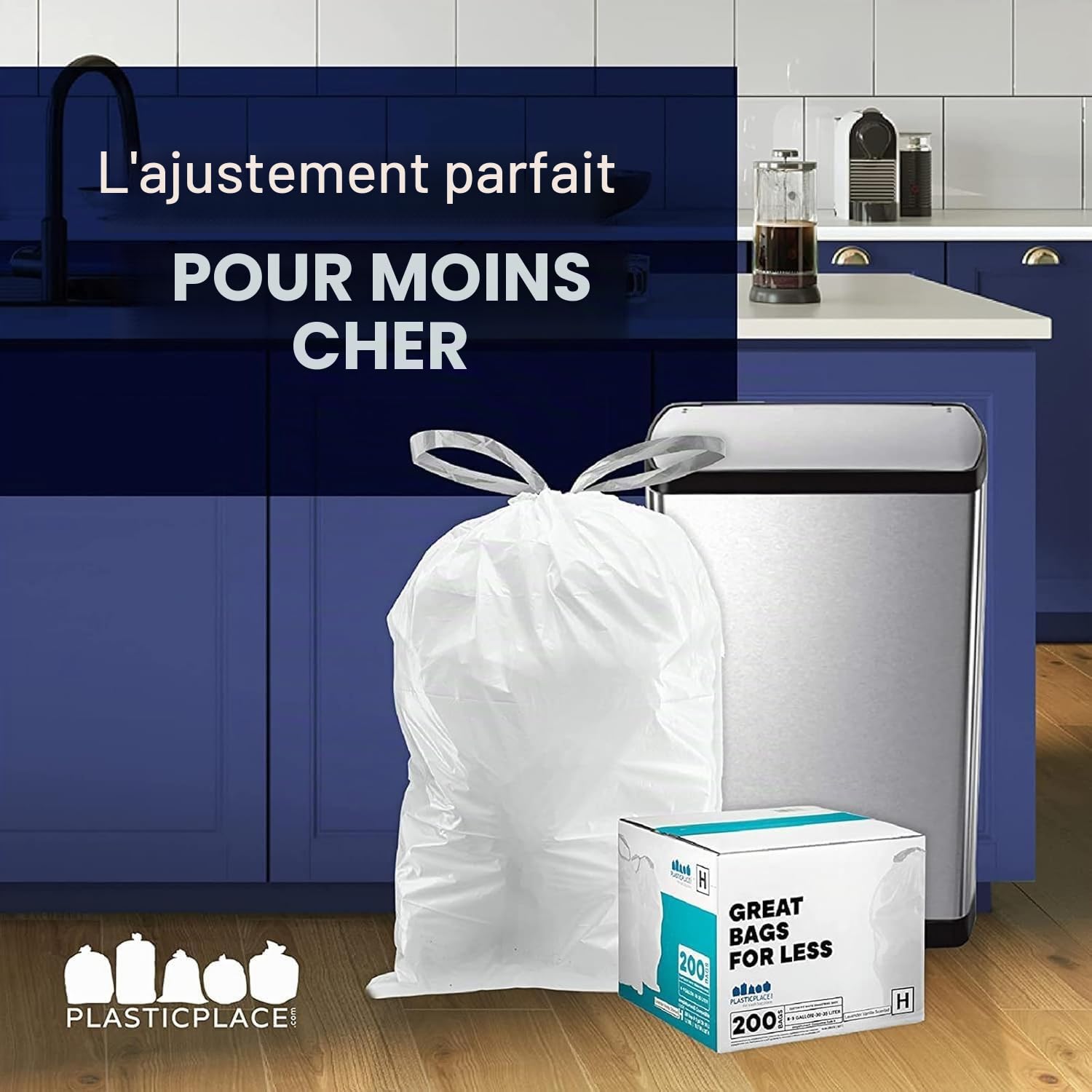 Plasticplace Sacs poubelle sur mesure Compatible Simplehuman TRA175WH Code H Blanc avec cordon de serrage 30-35 L 47 x 71 cm