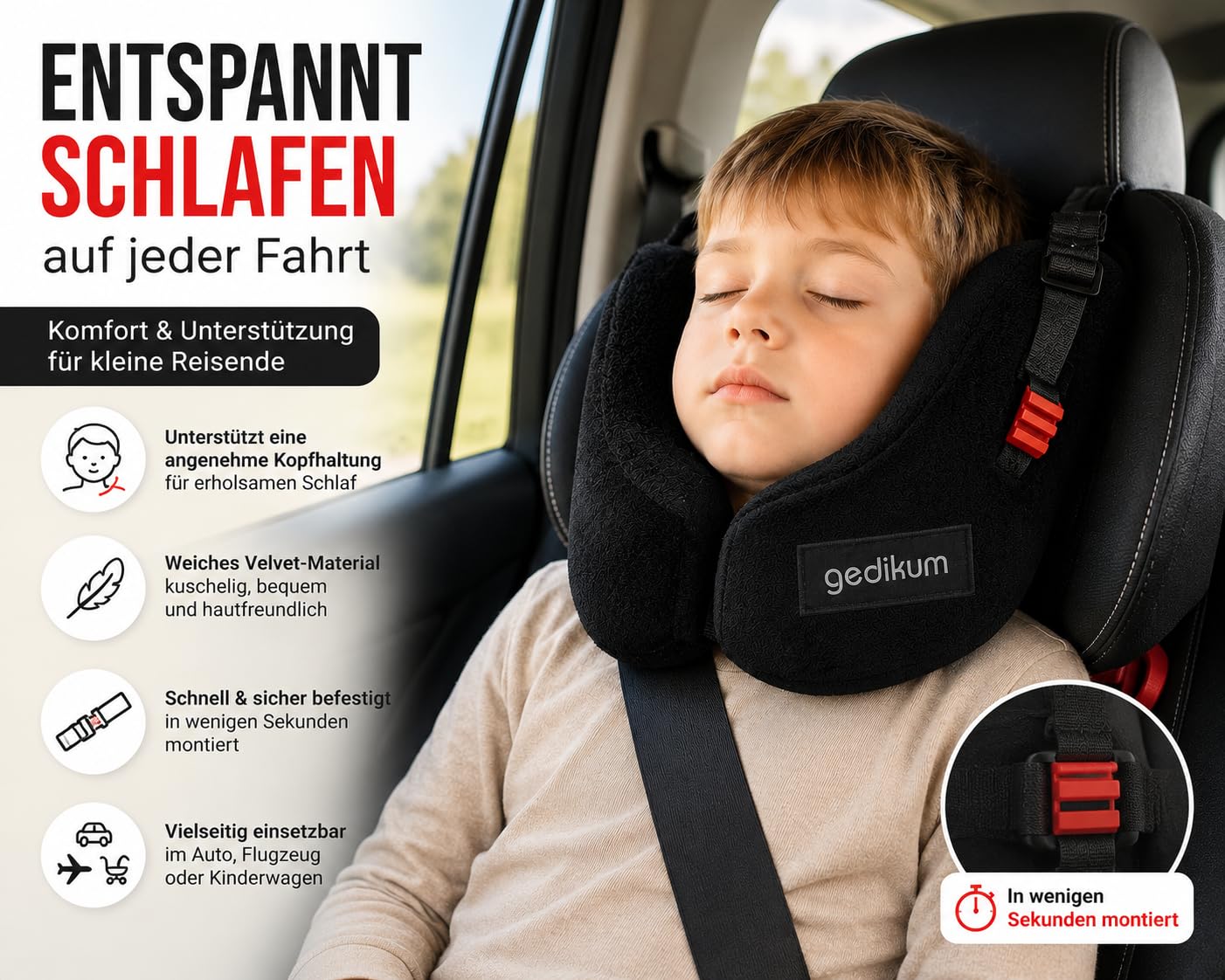 Gedikum® Sicherheits-Schlafkissen für Kinder – Reisekissen & Nackenkissen für Kindersitz, Auto & Flugzeug – Kopfstützkissen für Kinder von 18 Monaten bis 12 Jahren – Basic Velvet Schwarz