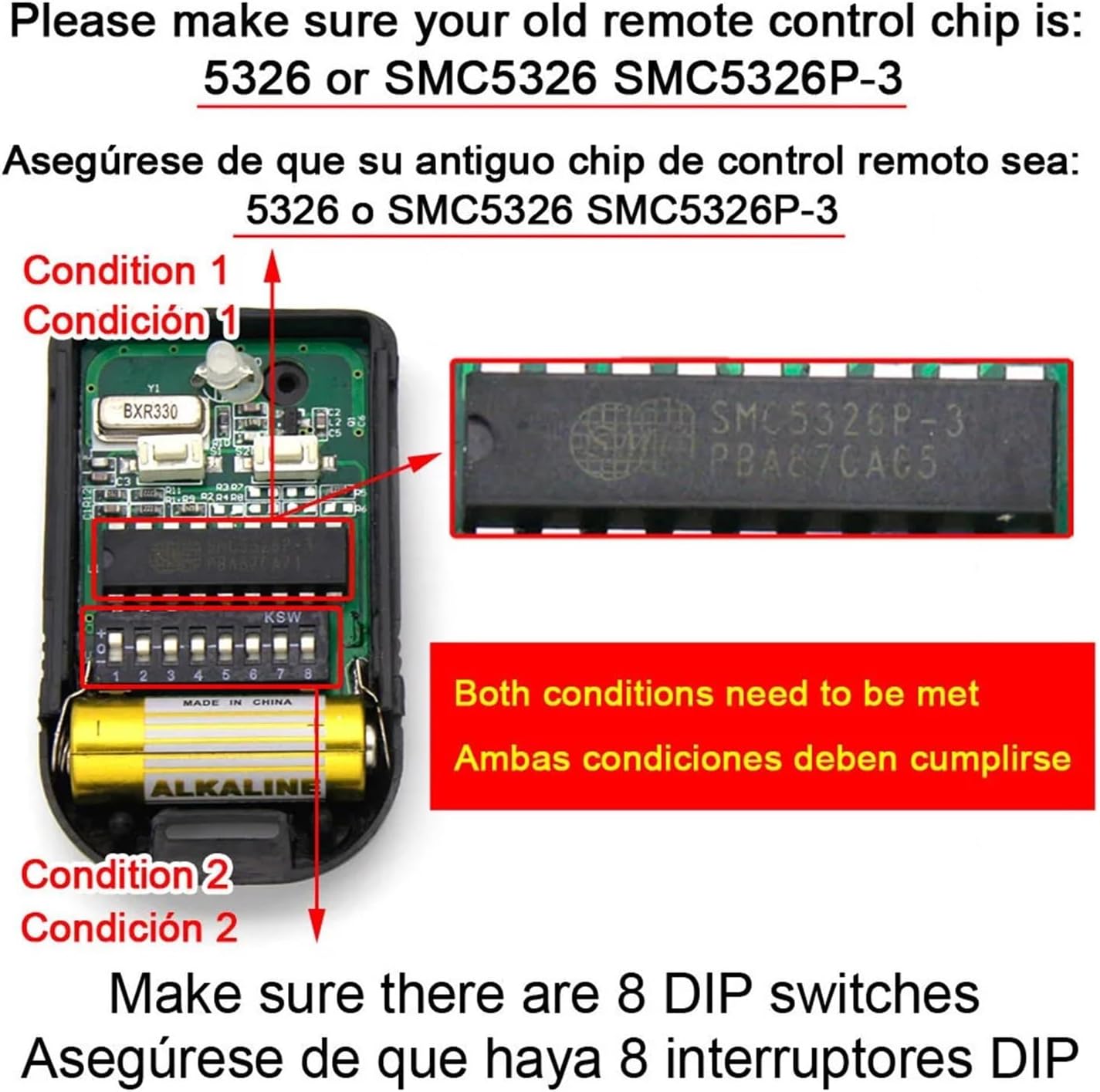 Close-up of a remote control's internal circuit, emphasizing the SMC5326P-3 chip and the 8-position DIP switch for frequency and code setting. This image is critical for verifying compatibility.