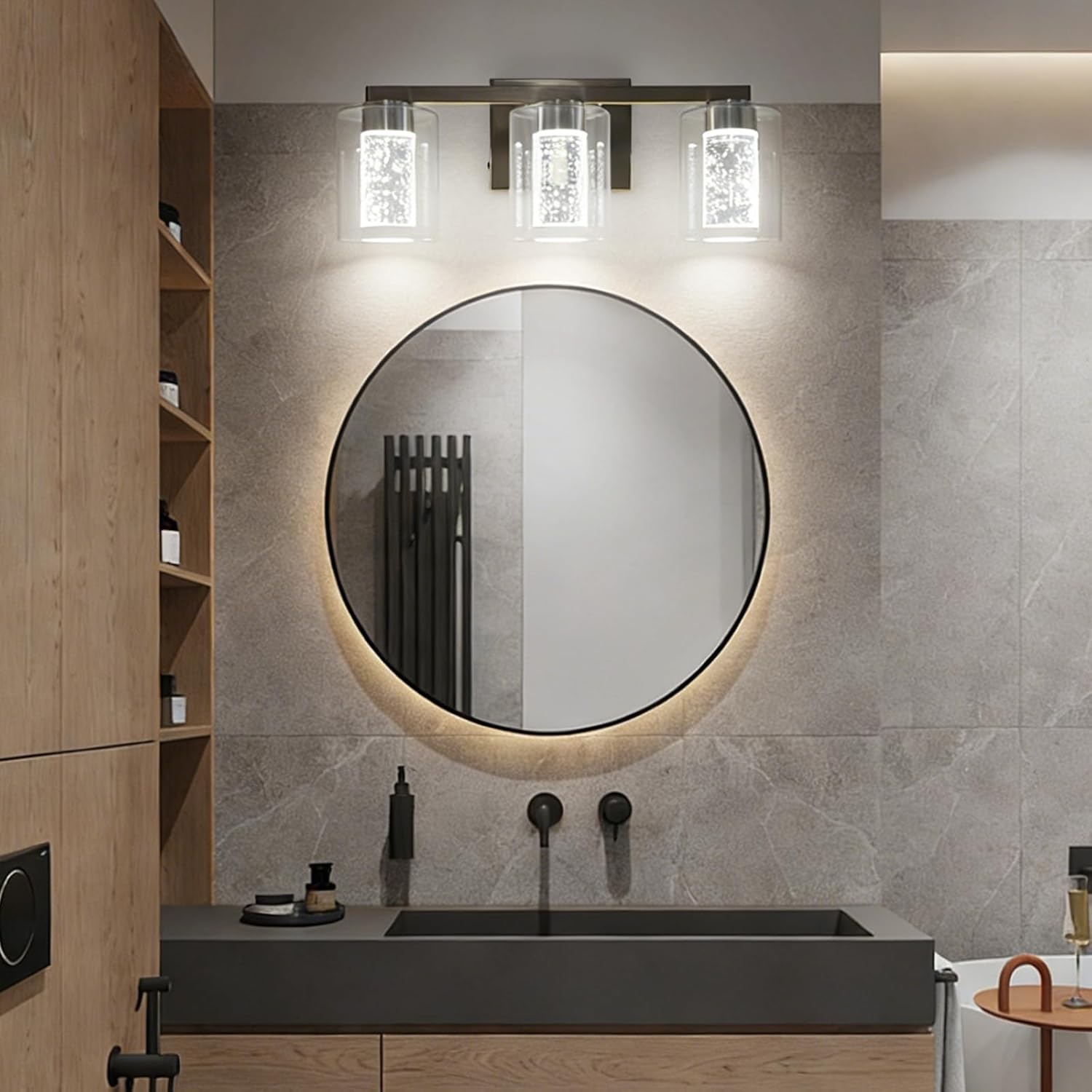 Brushed Nickel 3-Light Vanity Light with 3 Color Modes (3000K/4000K/6000K), Dimmable Eye Protection LED Bathroom Light Fixture with Bubble, Modern Wall Light Over Mirror