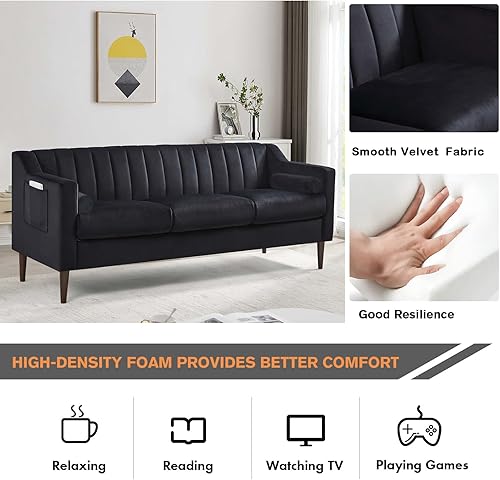 Miniatura 10 de Altillo Moderno sofá Chesterfield de 3 plazas con bolsillo lateral de almacenamiento, cómodo sofá tapizado de terciopelo con patas de madera de