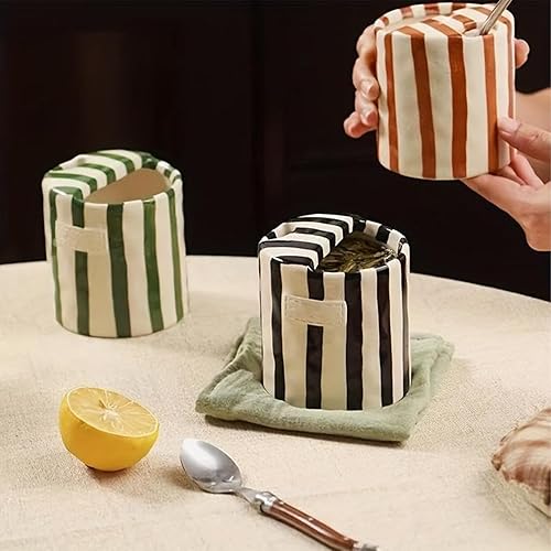 Miniatura 6 de Taza de café retro a rayas, pintada a mano, taza de café de cerámica a rayas de 10 onzas, taza de porcelana artística para café, latte, leche y