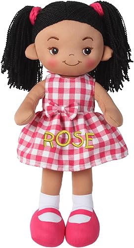 Muñecas de acurrucarse personalizadas, muñeca de trapo suave morena personalizada, vestido de cuadros rosa, 16 pulgadas, muñecas de trapo