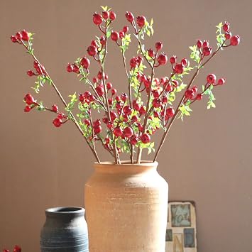Firlar 6 Pcs Artificial Pomegranate Branch, 25 Inch Fake Pomegranate Branches with 15 Small Fruits, Simulation Greenery Plants Picks DIY Table Vase Flower Arrangement, Red