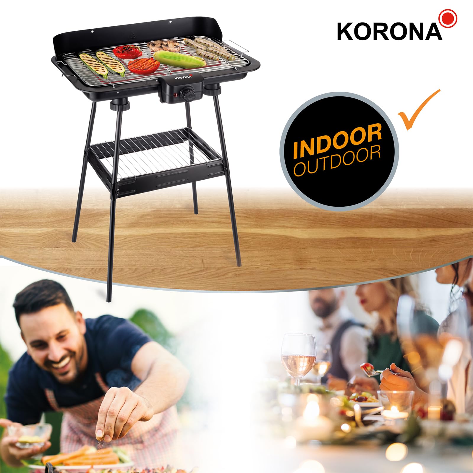 Korona 46221 Elektryczny grill stojący z rusztem do grillowania XXL (51 x 30 cm), 2200 W, ochrona przed wiatrem, lampka kontrolna, wyłącznik bezpieczeństwa, bezstopniowa regulacja temperatury