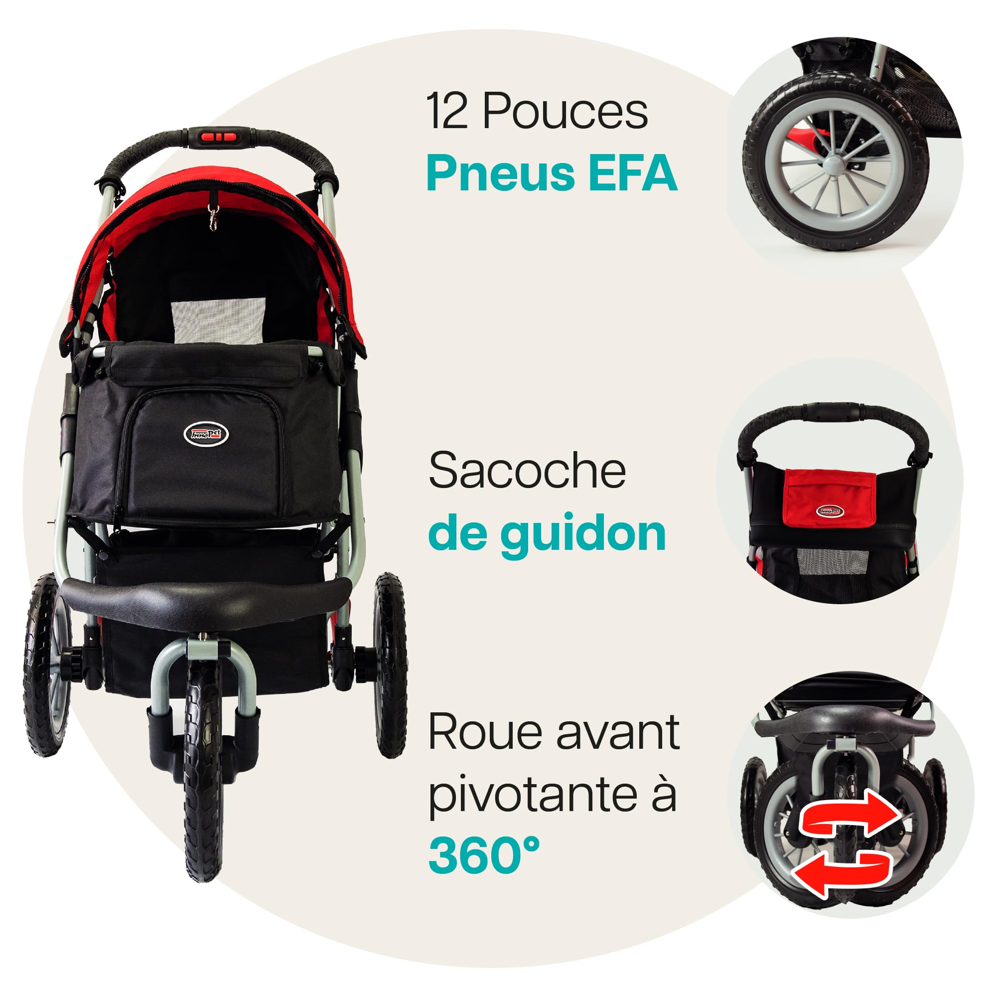 Innopet Comfort Efa Eco Rouge/Noir - Poussette pour chiens et chats pliable d'une seule main, capacité de 25 kg, roues anti-crevaison, panier de rangement et conception à 3 roues facile à installer.