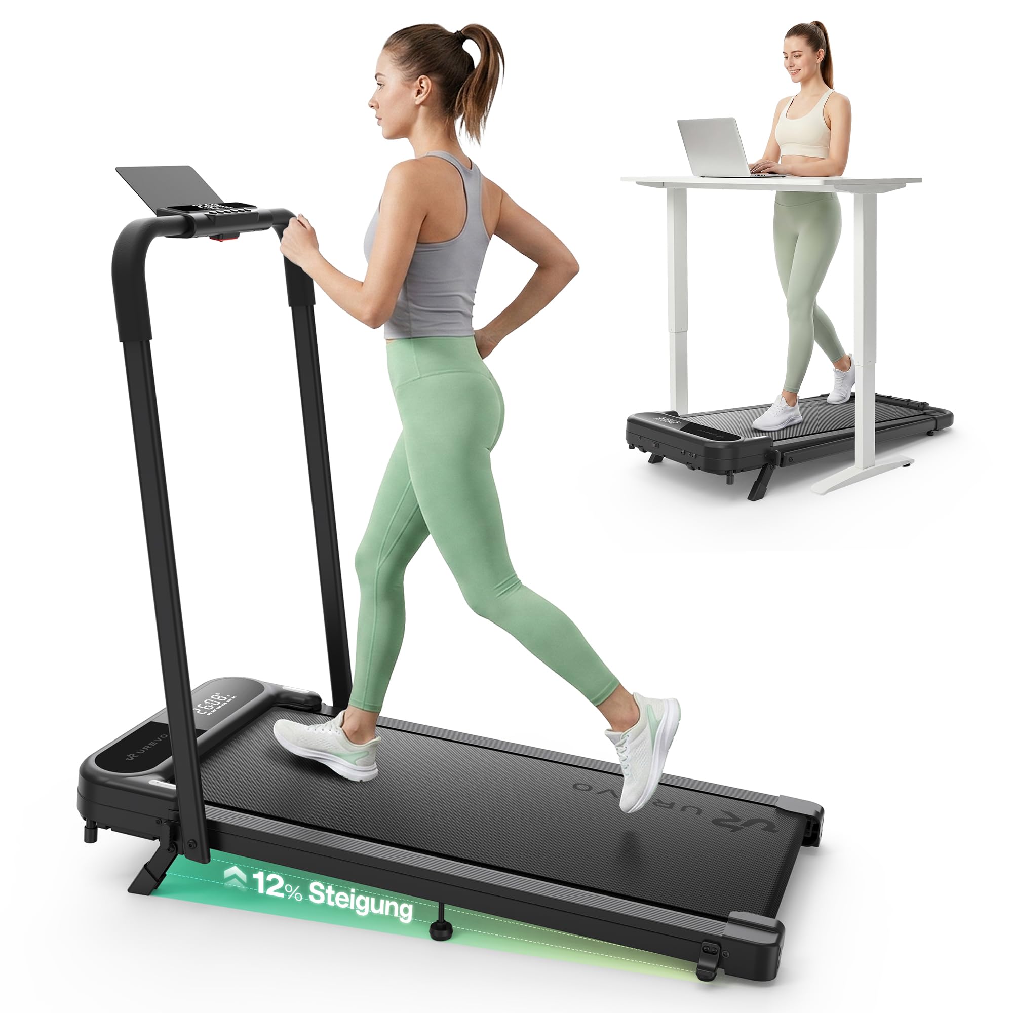 UREVO 2 in 1 Laufband für zuhause mit APP, Walking pad mit doppelter Stoßdämpfung, ‎1-10 km/h Laufband Klappbar mit Fernbedienung und LED-Anzeige für Zuhause/Büro