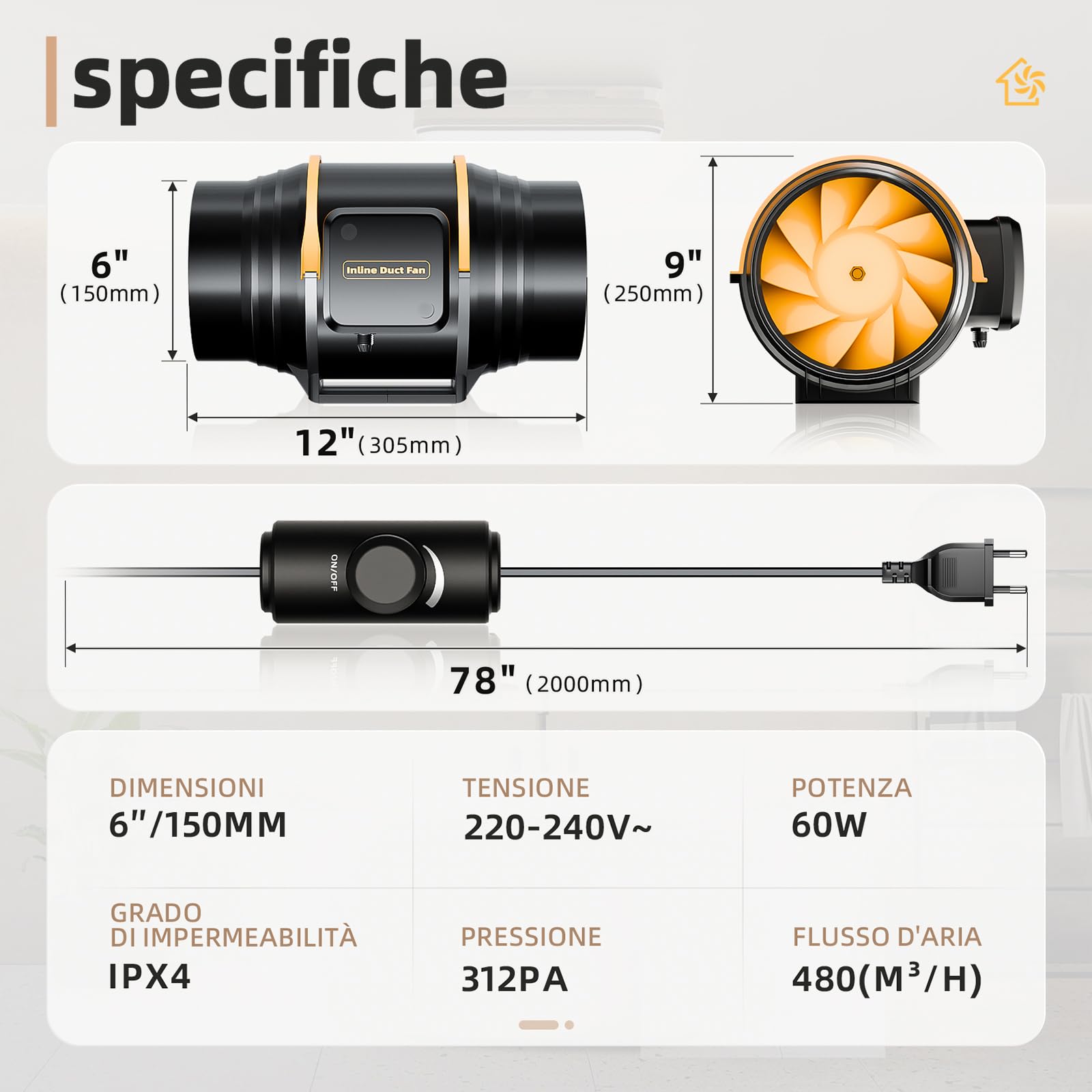 Ventola Aspirazione 150mm Regolabile, 594 m³/h Ventilatore Estrazione con Controllore di Velocità, Aspiratore Ventilazione per Tenda di Crescita, Idroponica da Serra, Garage, Seminterrato