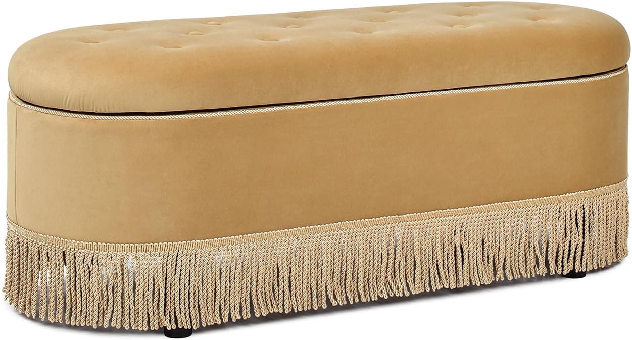 Melinda 48.5" Oval Tufted Bullion Fringe Storage Bench, Gold Velvet