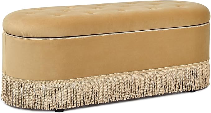 Melinda 48.5" Oval Tufted Bullion Fringe Storage Bench, Gold Velvet