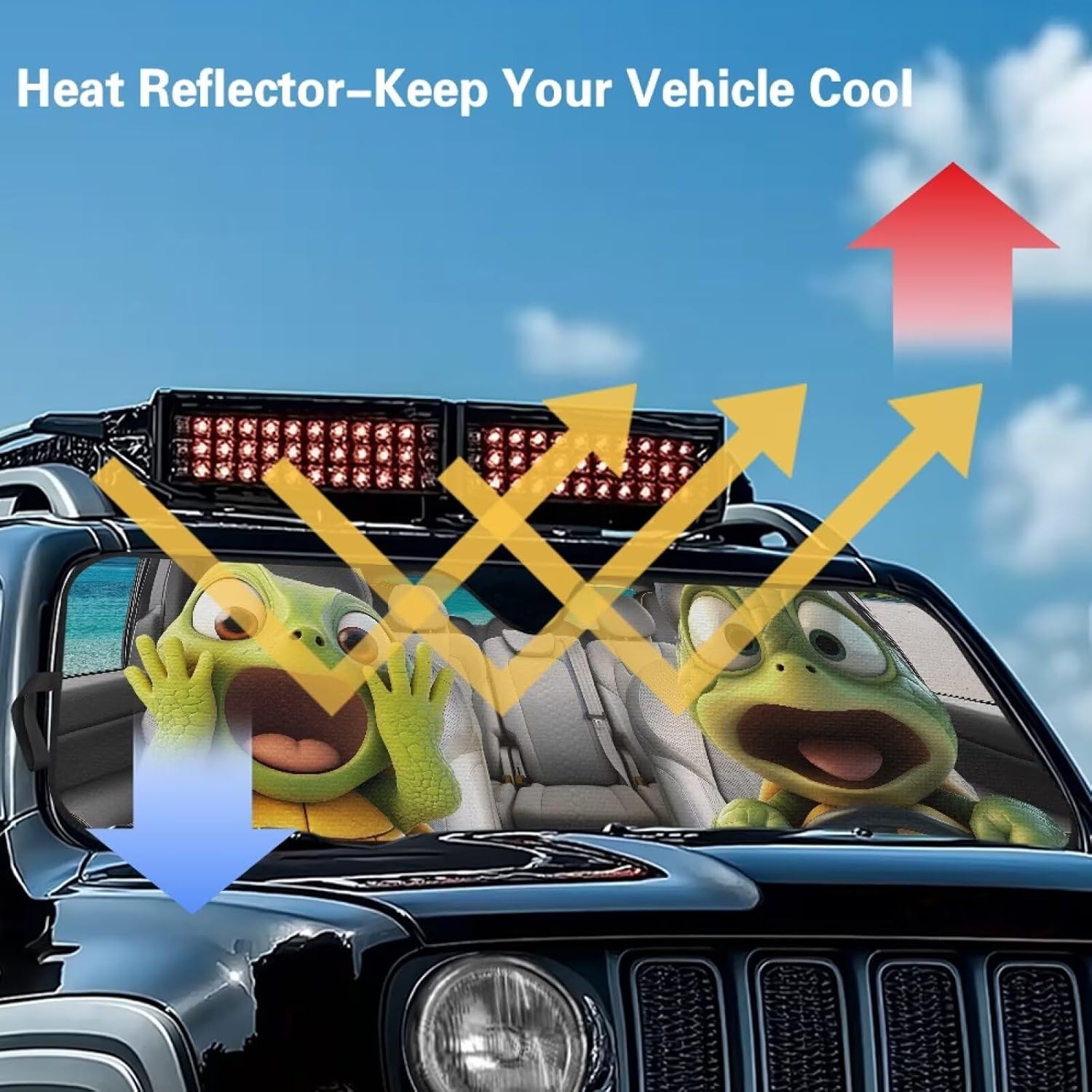 Renewold Car Sun Shade, Windshield Sunshade for Jeep Wrangler JK JKU JL JLU, Block Glare UV Heat Cover, Car Interior, Funny Sea Turtle Driving, Accessories Sun Visor Shield Fit for Jeep Gladiator JT image 3