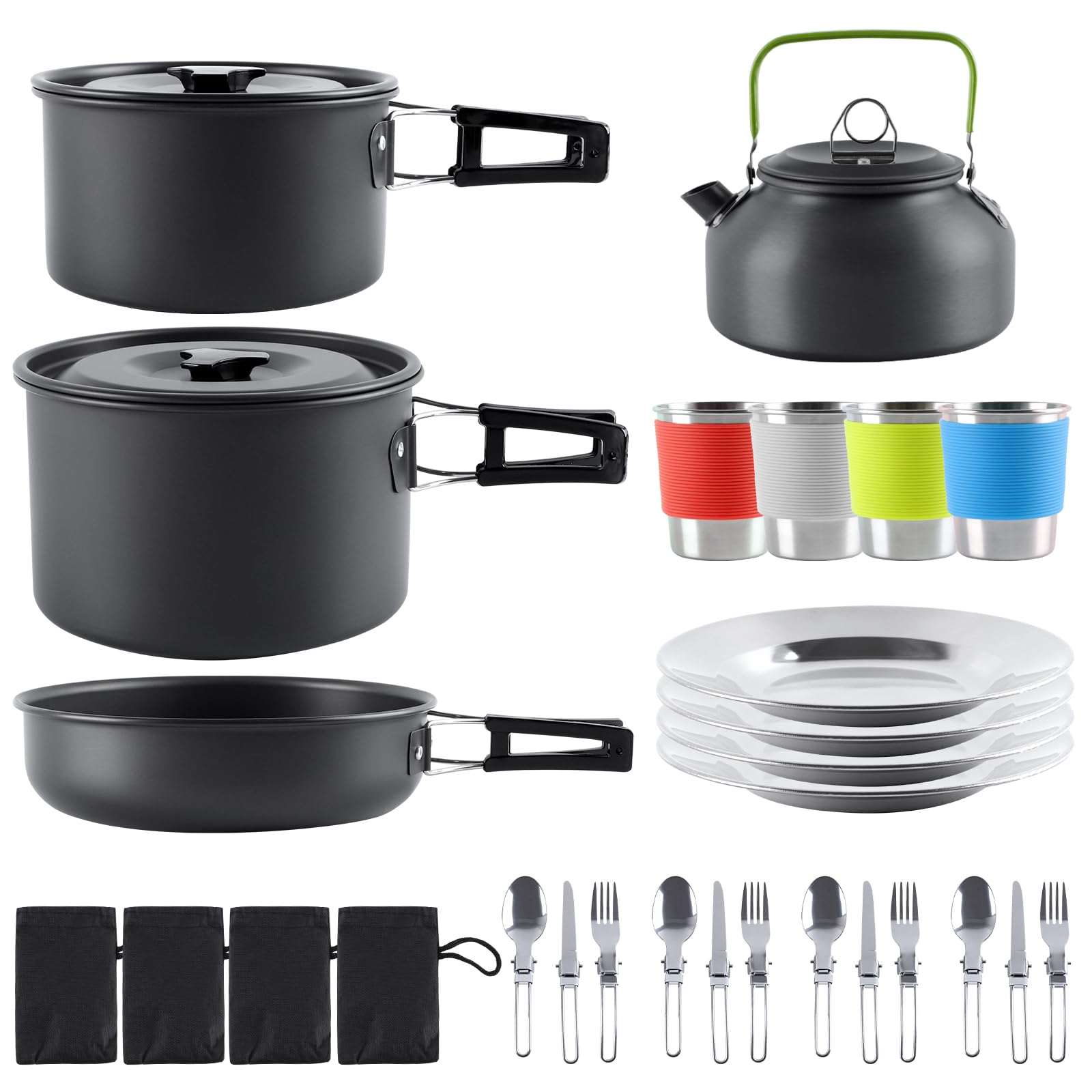 Juego de utensilios de cocina para camping, ollas de aluminio, olla de camping, vajilla para 4 personas, vajilla de camping para 4 personas, vajilla de camping