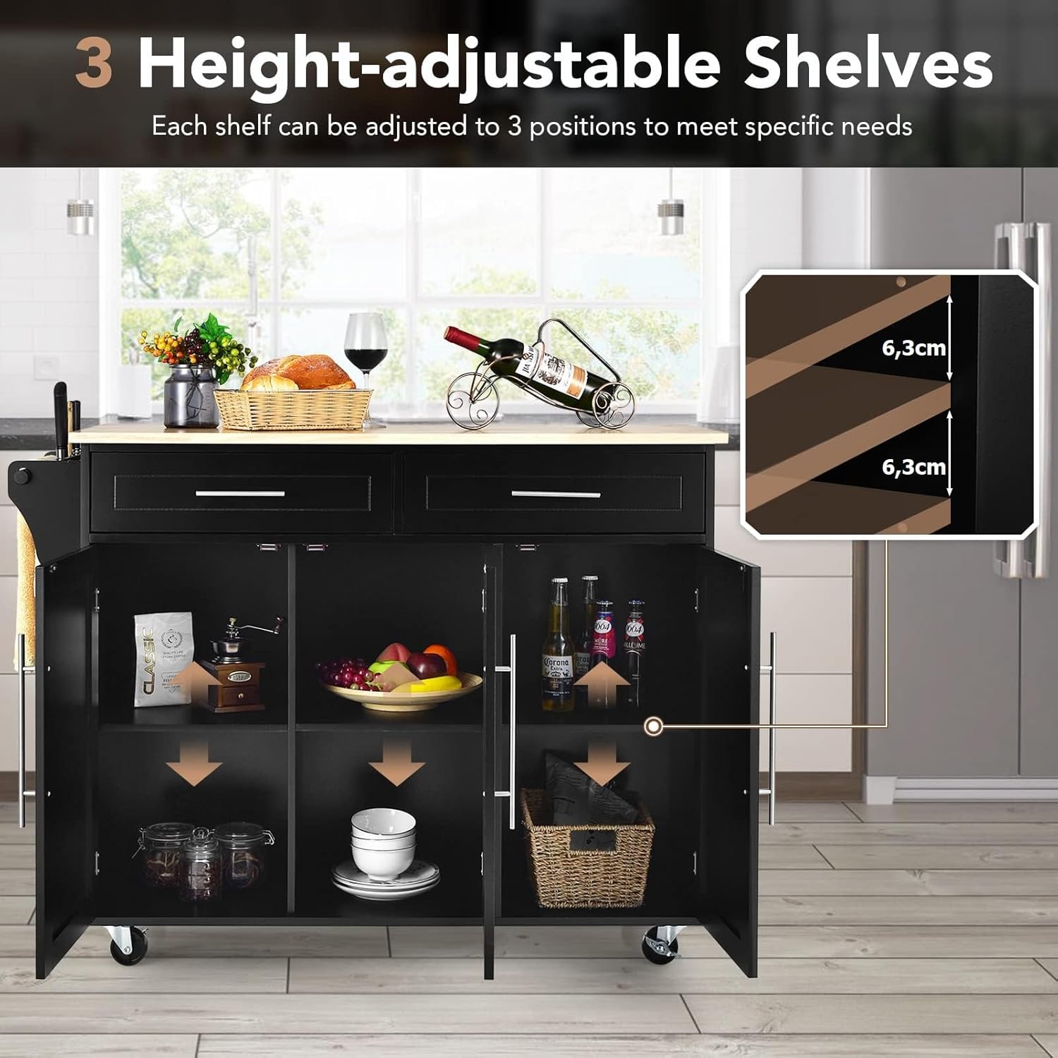 o roto view of the kitchen cart showing 3 height-adjustable shelves