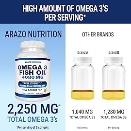 Arazo Nutrition Wild Caught Omega 3 Fish Oil - 60 Soft Gels - 4,080mg High EPA 1200mg DHA 900mg Lemon Flavor Burpless Softgels