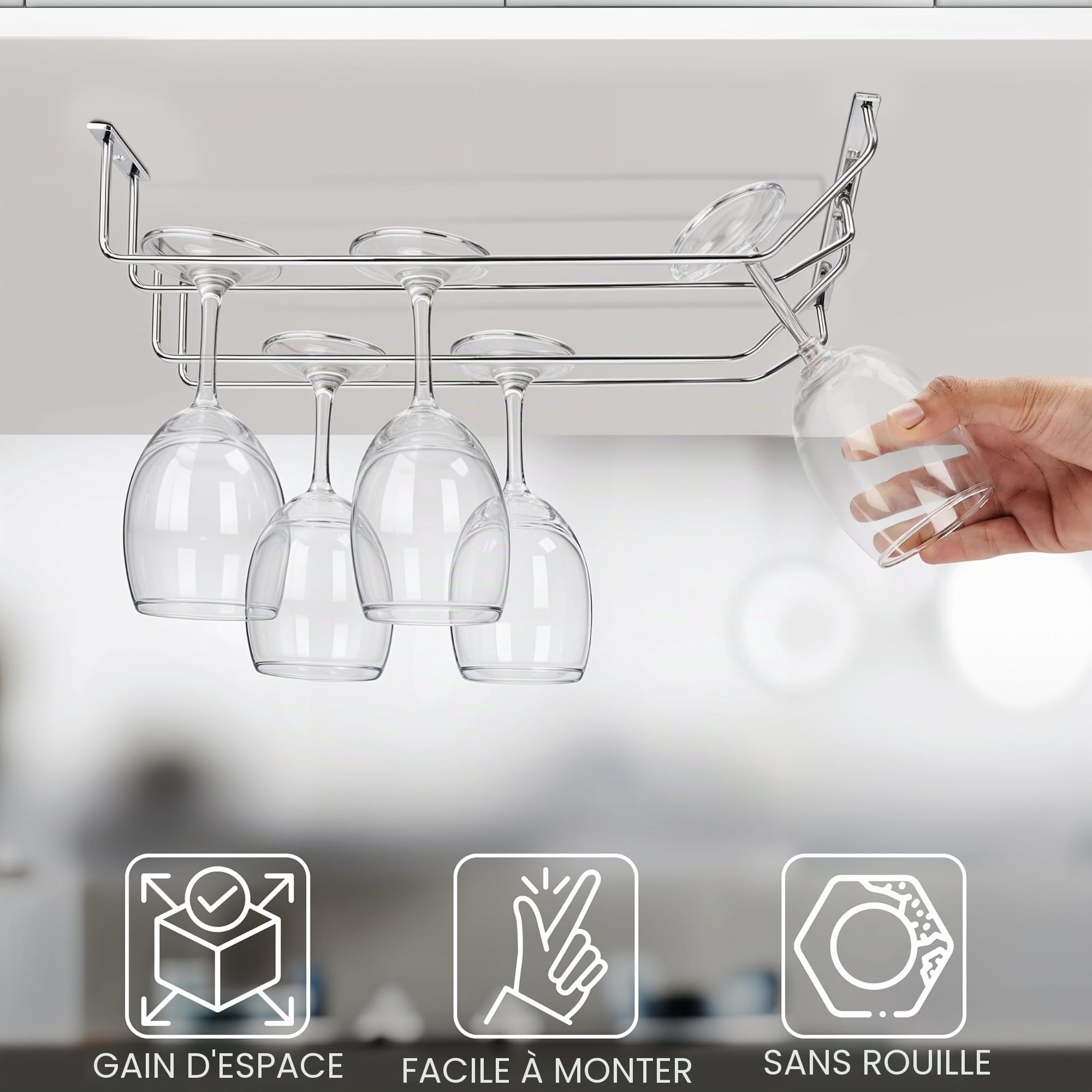 BELLE VOUS Lot de 4 Porte Verres Suspendu en Acier Chromé avec Vis et Chevilles - Support Verre a Pied Suspendu de 34 x 11 cm - Rangement Verre a Pied pour Bar et Cuisine