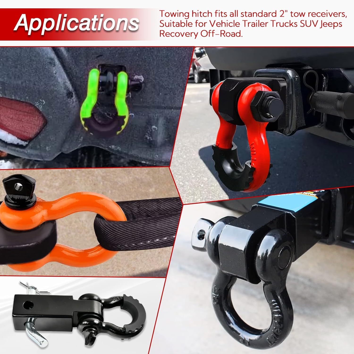 2 Inch Shackle Hitch Receiver 45000Lbs Breaking Strength 3/4" D Ring Shackle Tow Hitch Receiver for Vehicle Trailer Trucks Jeeps Recovery Off-Road - Black - Image 6