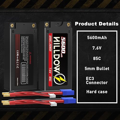 Miniatura 2 de Hilldow 2S Shorty Lipo Battery High Voltage 7.6V 85C 5600mAh RC Lipo Battery Estuche rígido con conector Bullet a EC3 de 0.197 in para vehículos RC