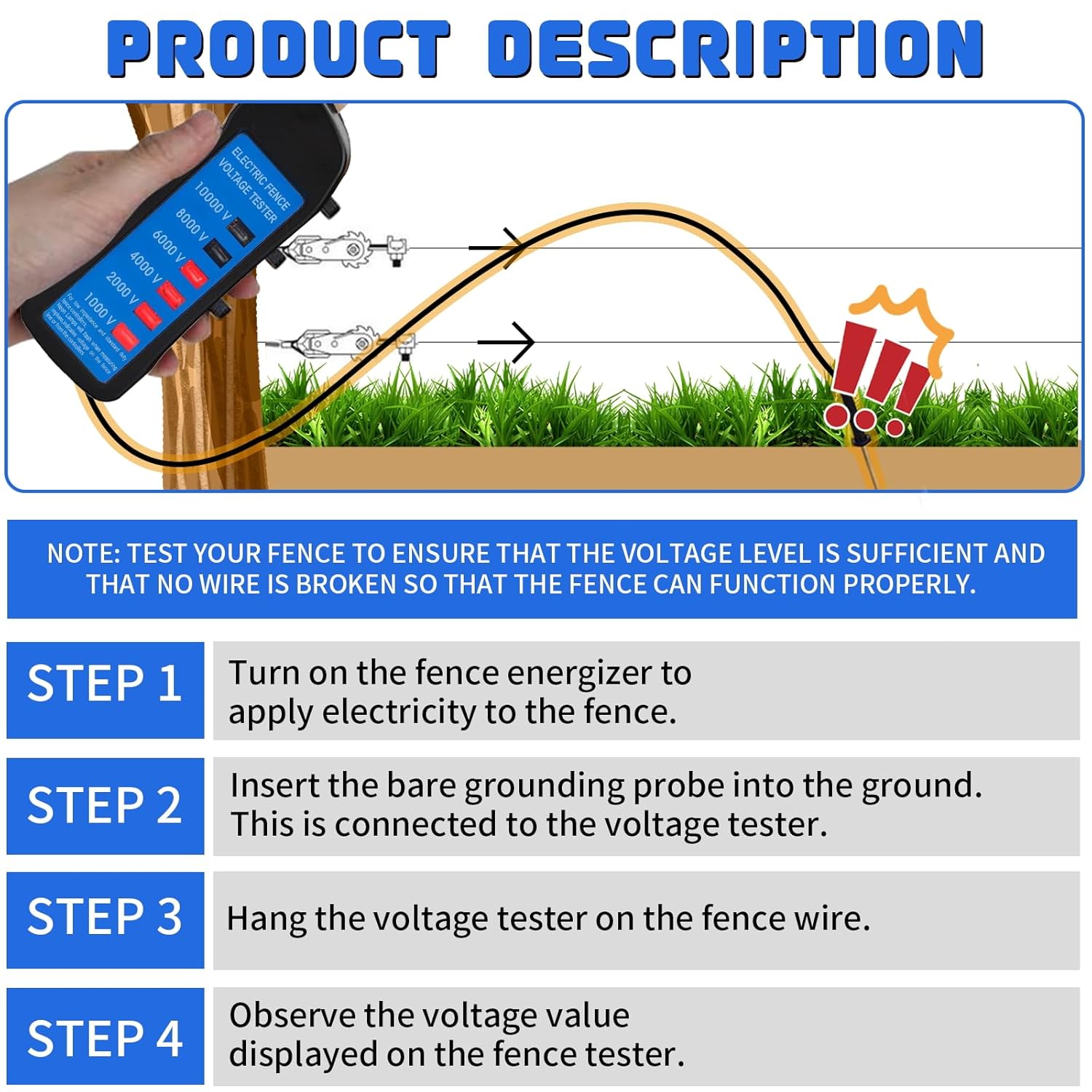 Electric Fence Voltage Tester, 10KV Digital Electric Fence Tester, Handheld Electric Fence Fault Finder, Farms Fault Troubleshooter with 8 Neon Indicator Lights