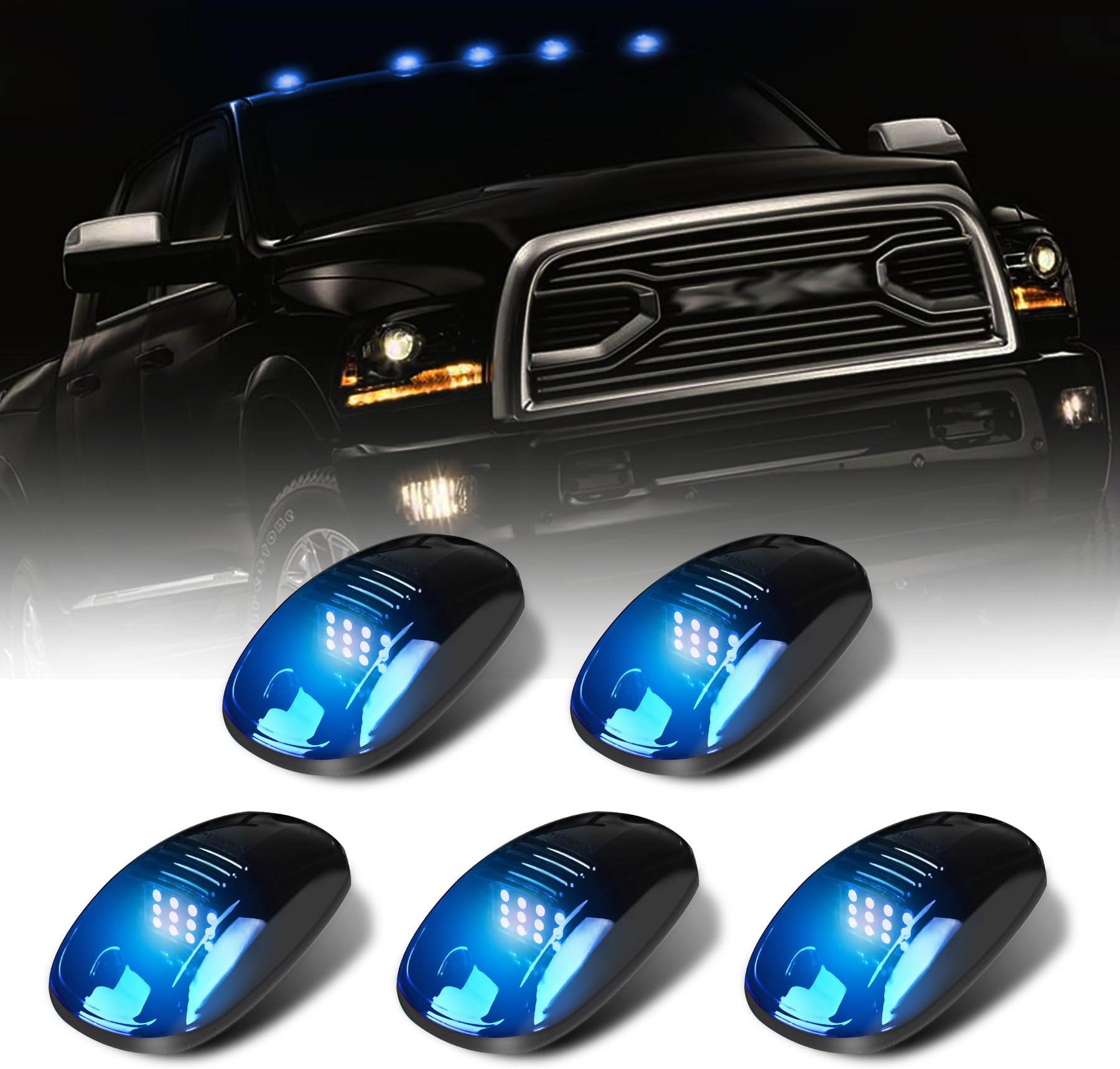 5X Blue LED Cab Lights Smoked Cab Roof Running Top Marker Light Compatible for Ram 1500 2500 3500 4500 5500 2003-2018 Pickup Trucks