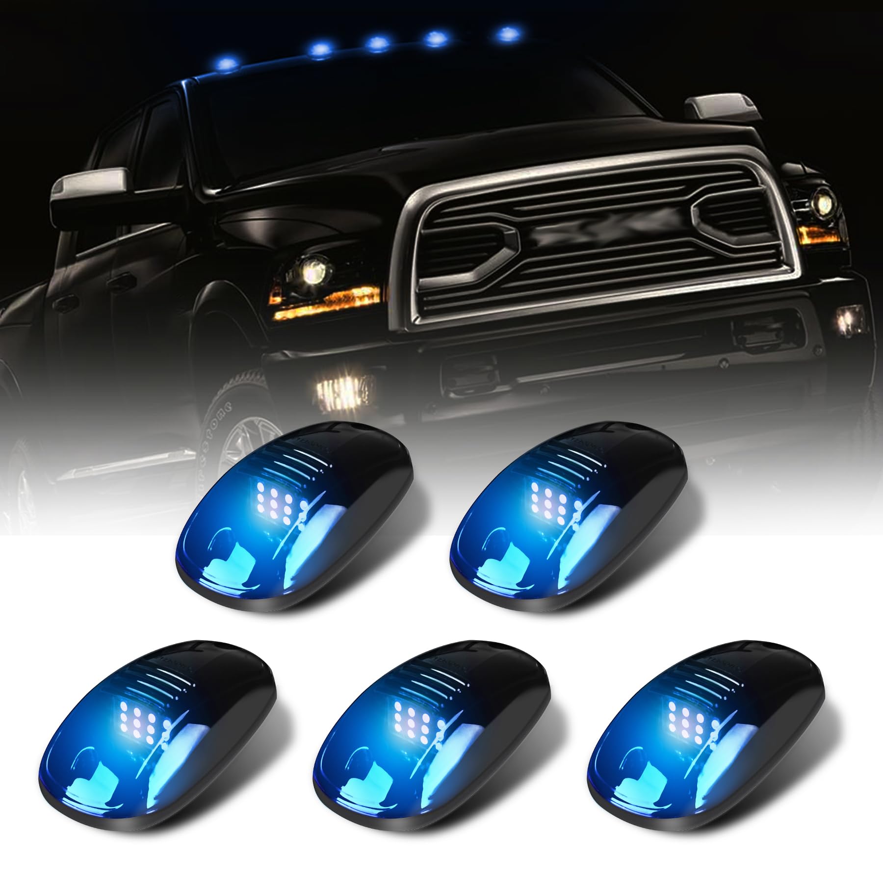 5X Blue LED Cab Lights Smoked Cab Roof Running Top Marker Light Compatible for Dodge Ram 1500 2500 3500 4500 5500 2003-2018 Pickup Trucks