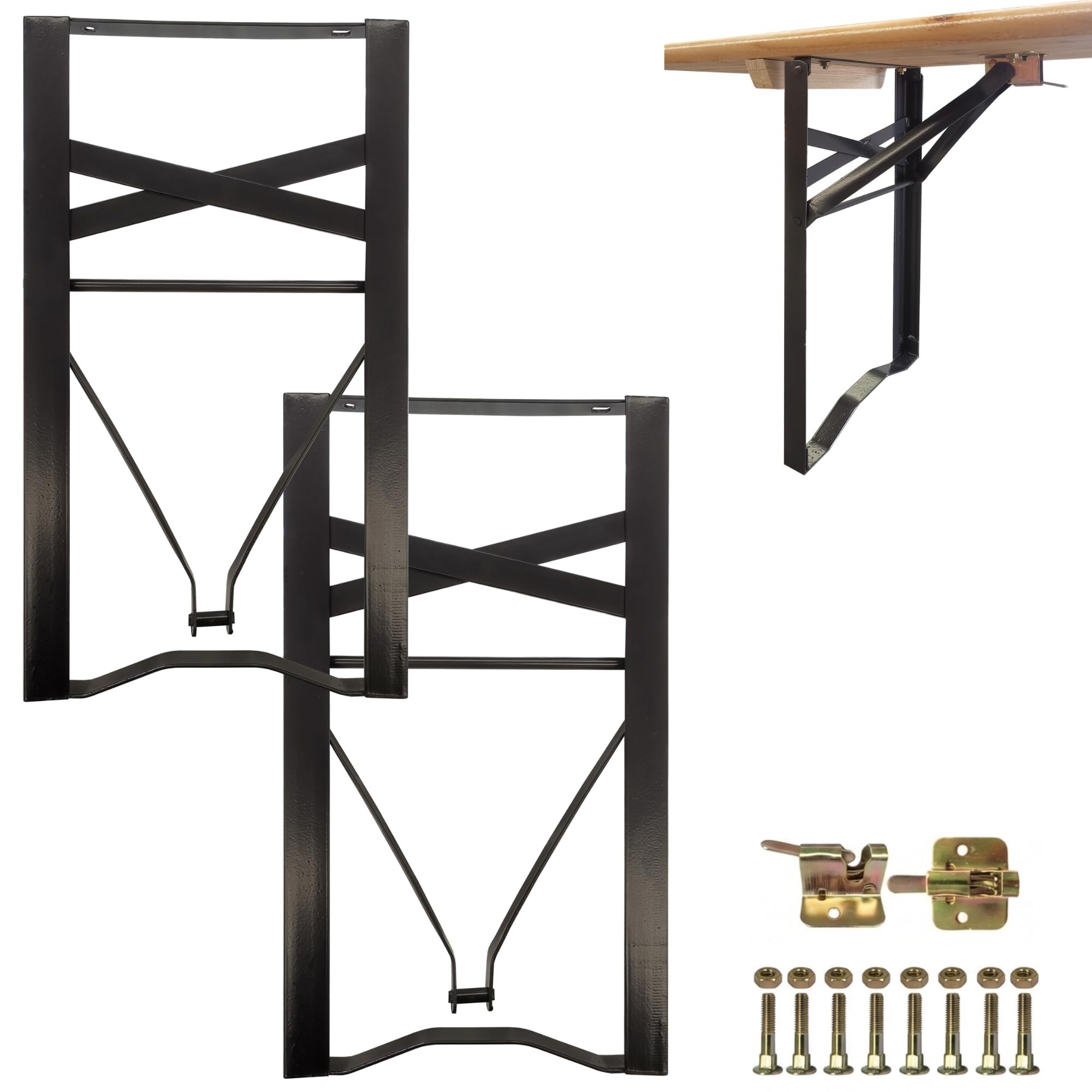 Set 2 Gambe per Panche Pieghevoli in Metallo 43x23 cm, Struttura in Ferro con Kit Fissaggio Incluso - Gambe Panca Birreria da Esterno per Giardino, Terrazza, Sagre (2 Gambe + kit - Nero)