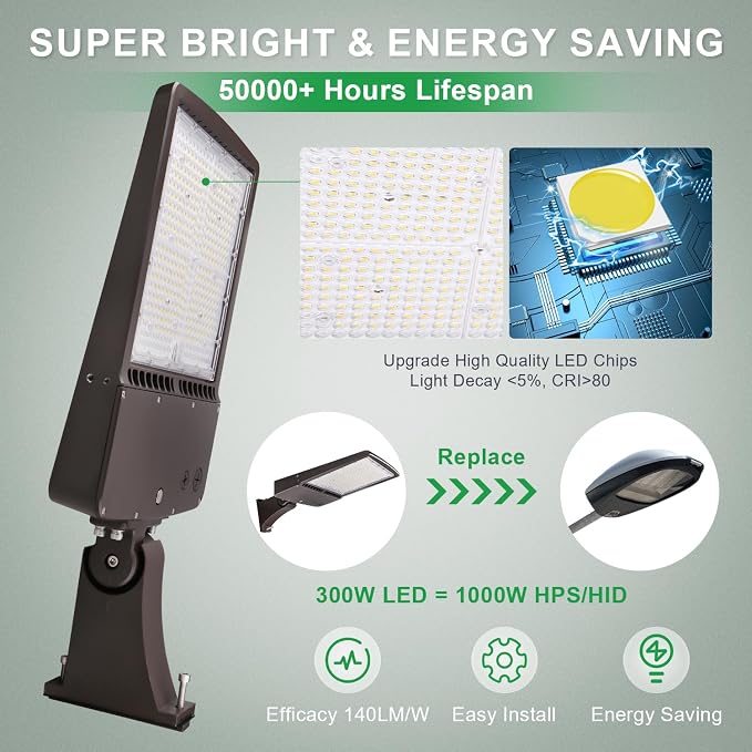 Luz LED para estacionamiento de 300 W, 5700 K y 42000 lm, luz LED tipo zapatero para exteriores con montaje en brazo, dimmable 0-10 V, IP65, protección contra sobretensiones de 20 kV, AC 100-277 V, certificada UL miniatura 3