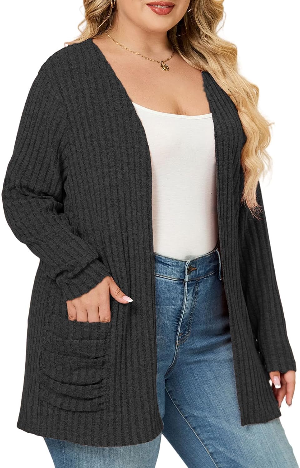 ROSRISS Plus Size Cardigan Sweaters for Women Fall Open Front Tops Soft Ribbed Knit Ruched Pockets Outerwears 1XL-5XL - Image 3
