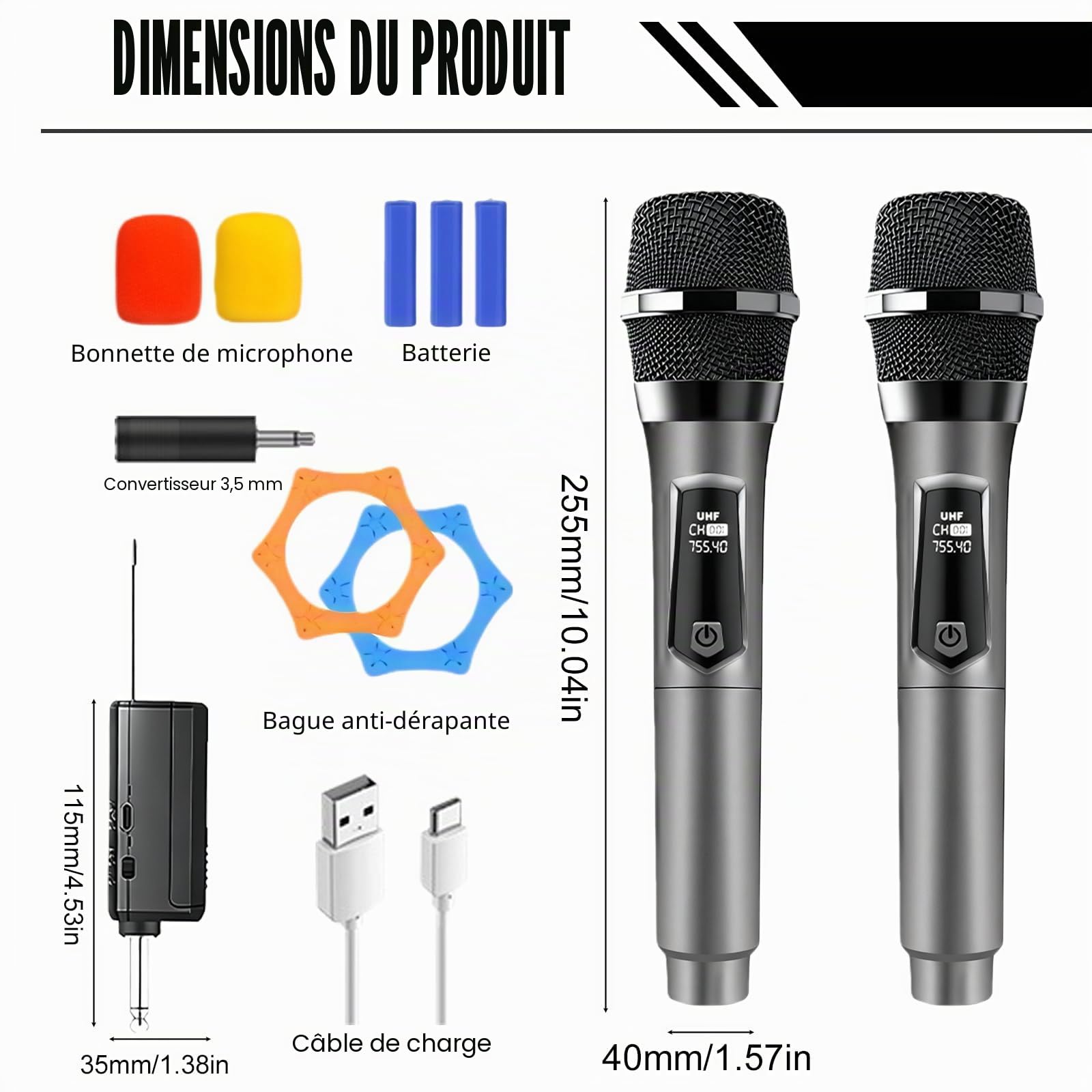 Microphone sans Fil, 2.4 GHz Microphone Karaoké Rechargeable, Système de Micro Dynamique sans Fil Double, Micro san Fils avec Récepteur pour Chanter Karaoké, Mariage, Classe, DJ, Fête, PA(Gris)
