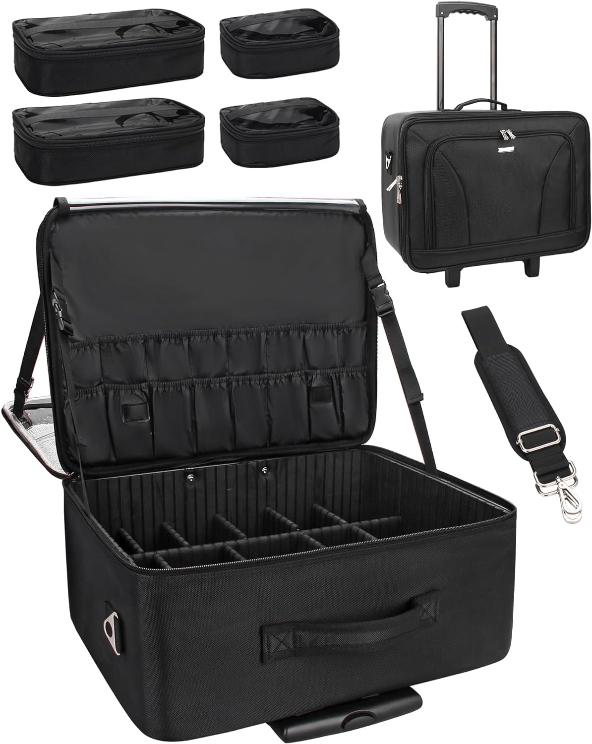 TwofoldRolling Makeup Train Case,Trolley Cosmetic Case 3-Layer Cosmetic Organizer,Extra Large Makeup Travel Bag for Hairstylist Trolley Travel Hairdressing Case with Adjustable Divider Black