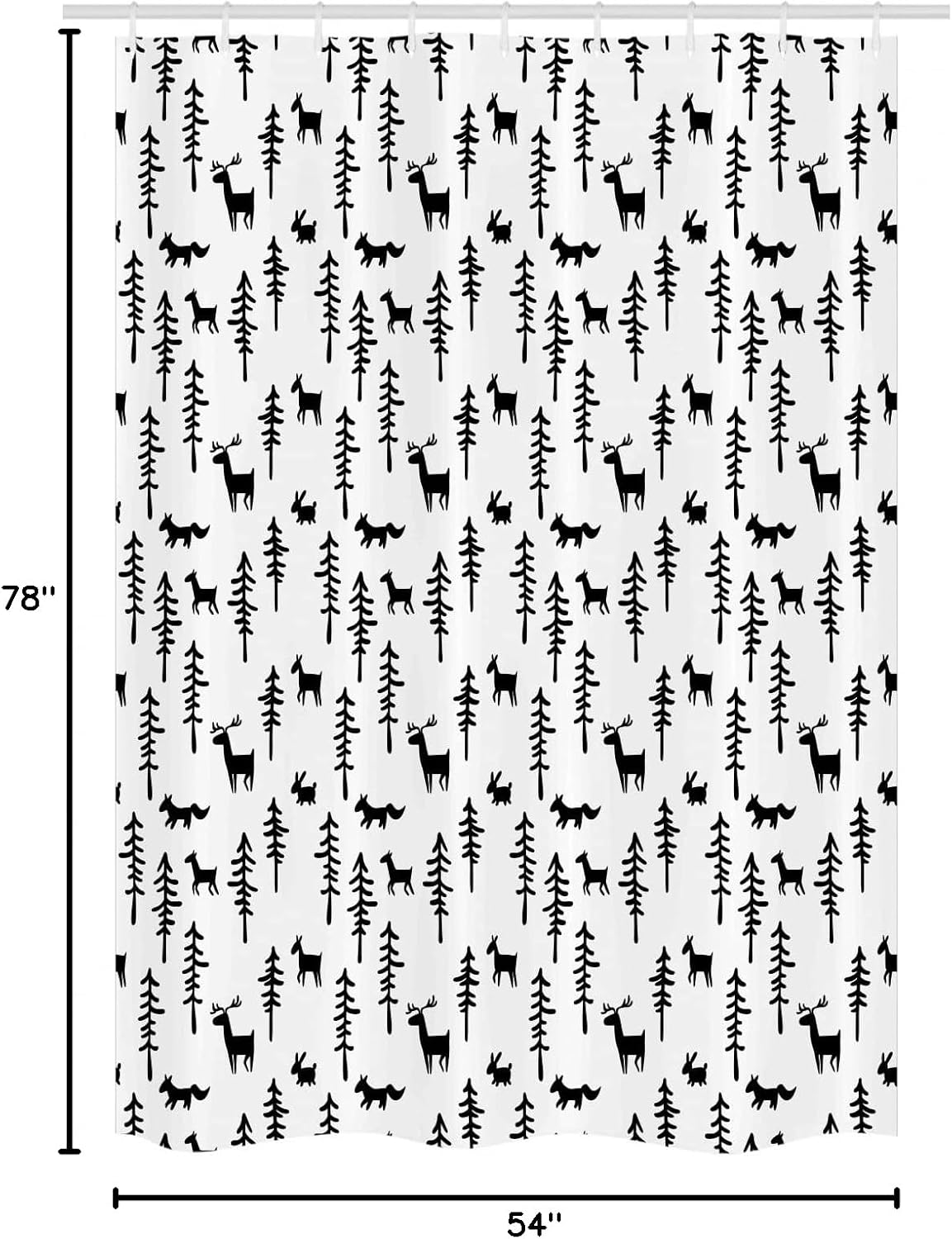 Ambesonne Forest Stall Shower Curtain, Christmas Spirit Inspired Sketchy Reindeer Pine Trees Rabbits Animal Design, Fabric Bathroom Decor Set with Hooks, 54" W x 78" L, White Black