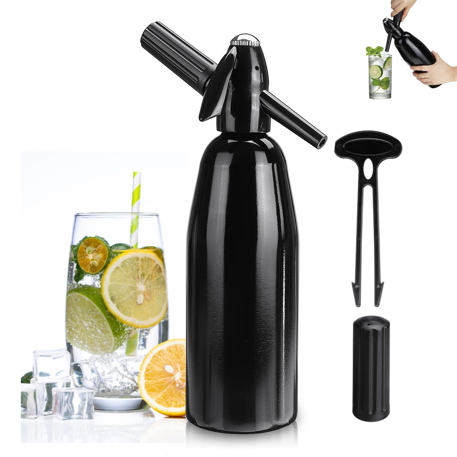 Soda Maker,Sifone per Soda Alluminio 1L,Soda Siphon Bottle con Regolatore di Pressione, Aluminium Sparkling Water Maker per Succhi di Frutta Fatti in Casa,Mojito,Cocktail,Bevande