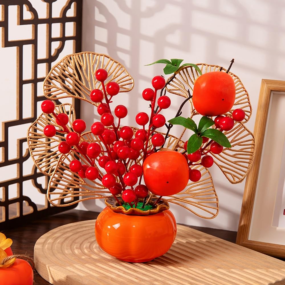 Amazon｜siawadeky 新年飾り 枯れない植物 造花セット 柿 赤ベリー