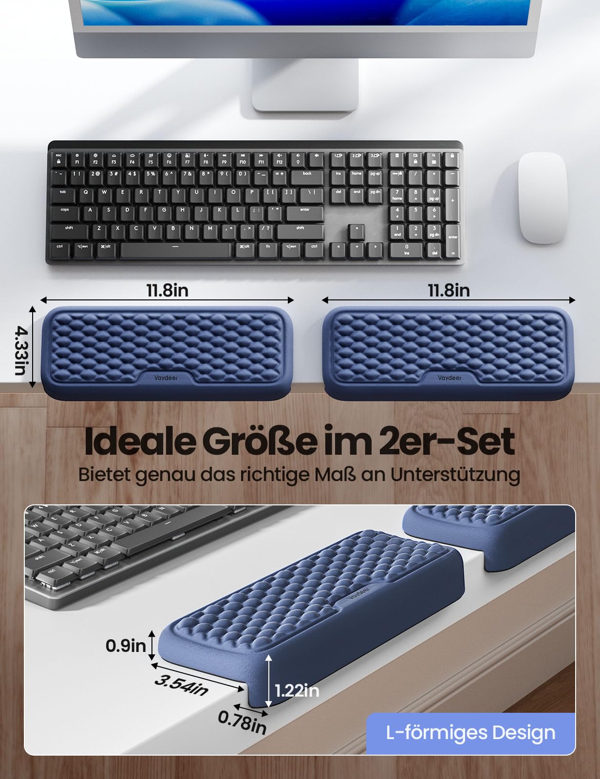 VAYDEER L-förmige Armauflage für Schreibtischkante, 2er Set Ergonomische Ellbogen- & Handgelenkauflage aus Memory-Schaum, Rutschfeste Unterarmstütze für Büro, Homeoffice & Gaming – Blau