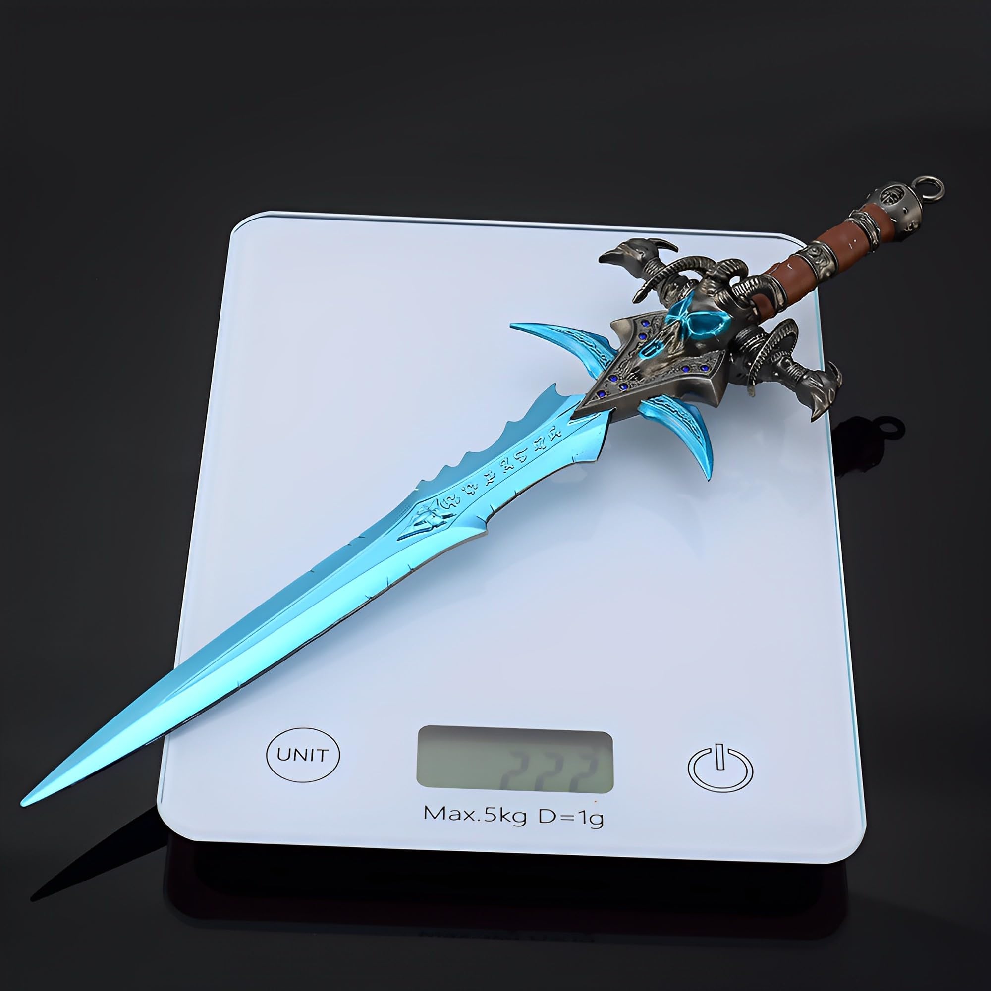 Modèle Greatsword, Modèle Frostmourne, Coloration Effet givré, Longueur 30 cm, entièrement en métal avec Support d'exposition