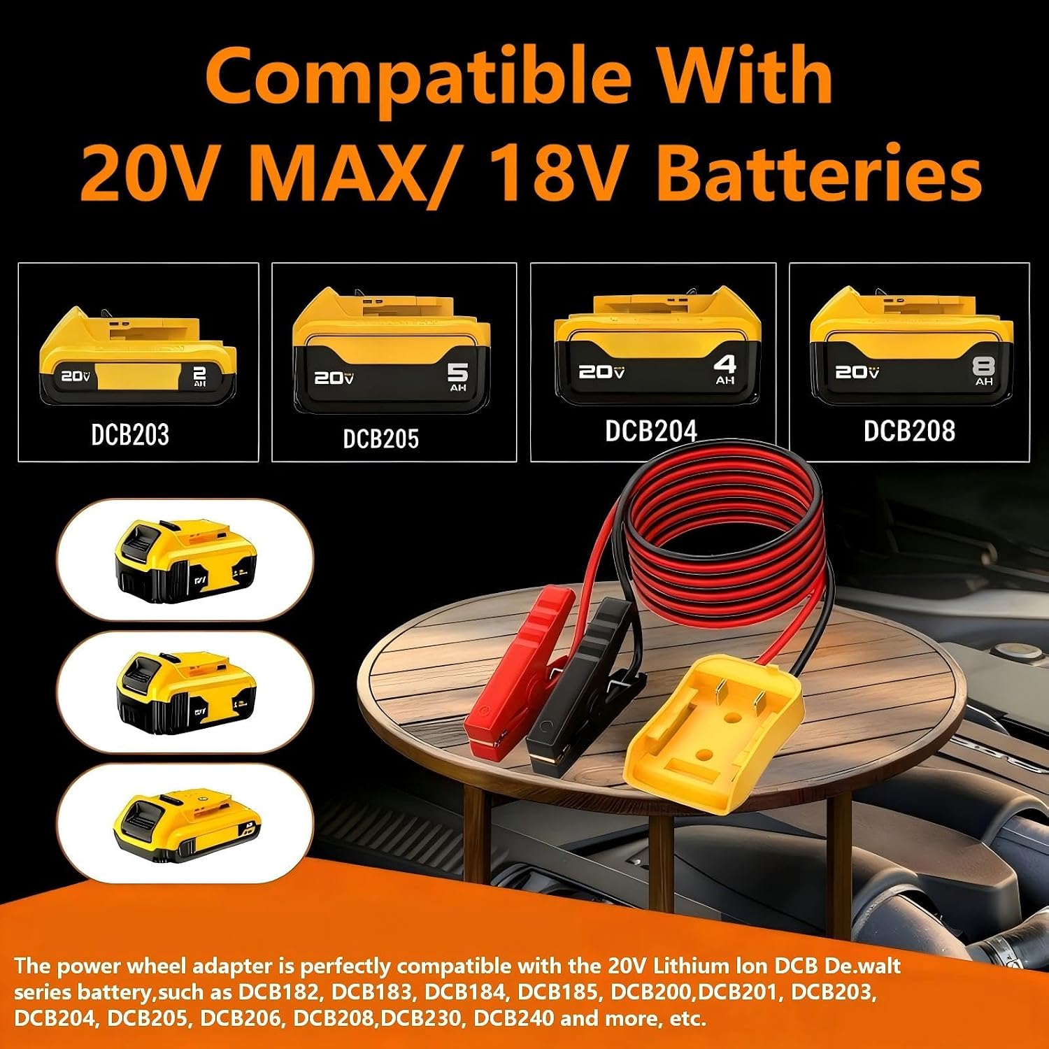 2FT Jumper Cables for Car with Adapter, Silicone Wire 8AWG Alligator Clip car Jumper Starter Jumper Cable, Used for Jumper Starting of car or Tool Batteries, Compatible with DE.Walt 20V Batteries.