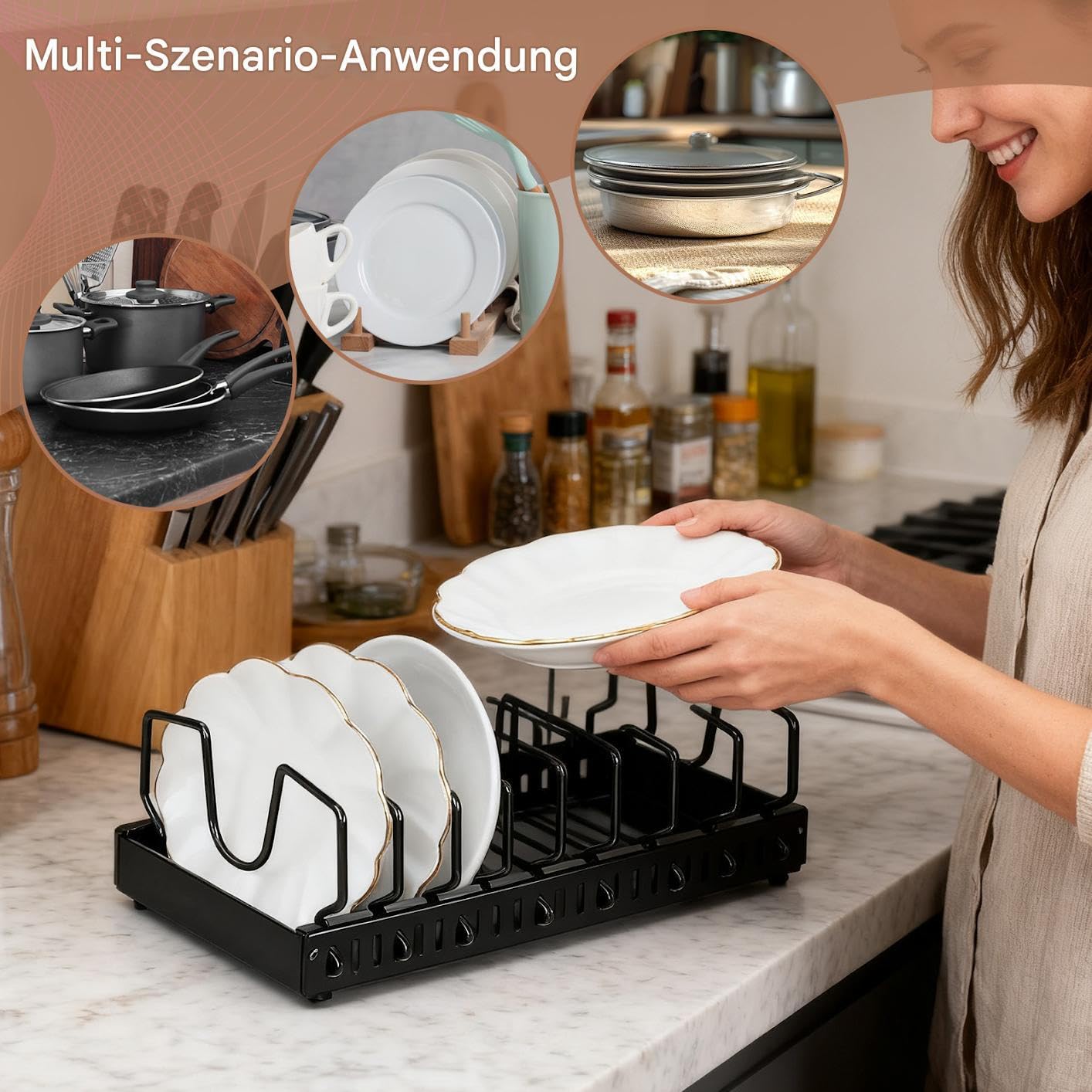 Organizzatore estraibile e padelle, contenitore adesivo, organizer | con coperchio regolabile in altezza, con tirante a rullo, per cucina, dispensa, piano di lavoro, armadio