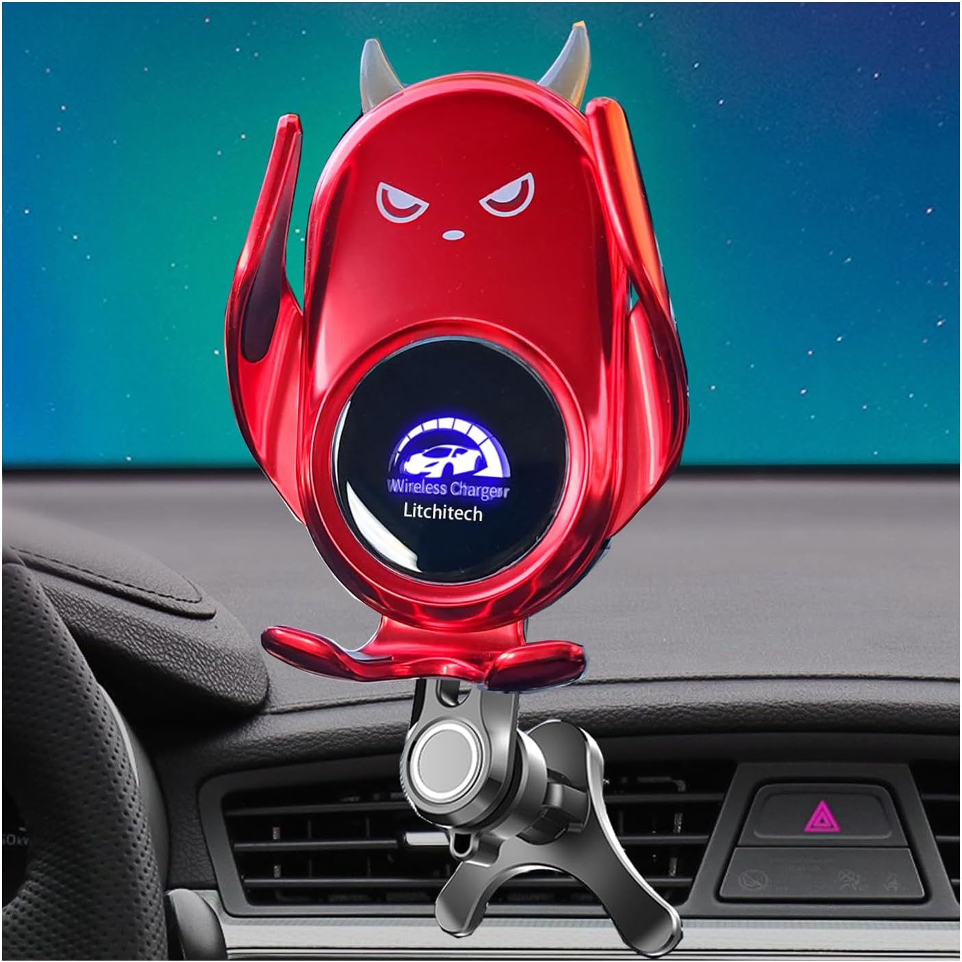 Wireless Car Charger Mount,Car Phone Holder Wireless Charger, 15W Fast Charging Auto Clamping Cute for Women Girls Smart Vent Red Demon (Red)