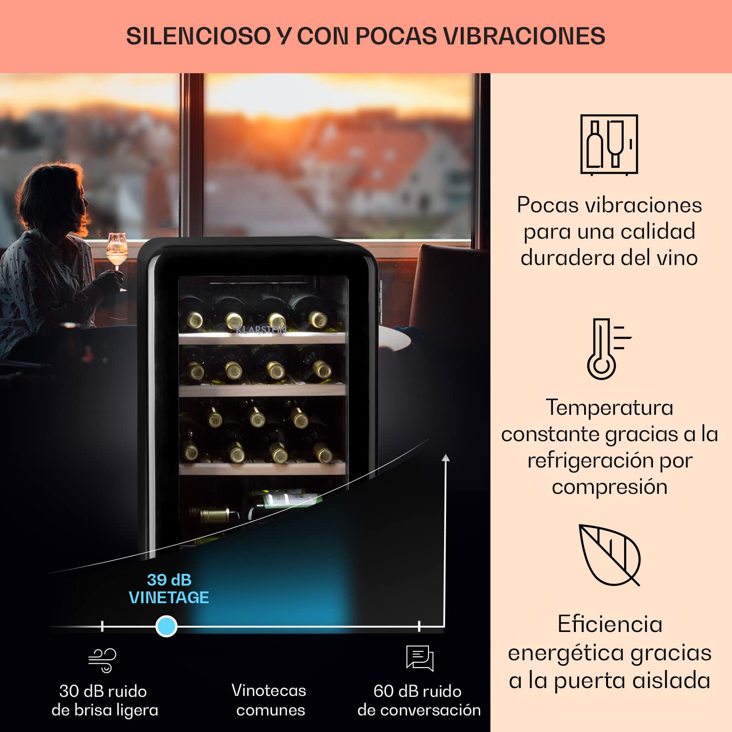 KLARSTEIN Vinoteca 19 Botellas, Nevera Vinos, Una Zona de Refrigeración, Nevera Expositora Vino y Cerveza, Vinoteca Interior y Exterior con Puerta de Cristal, Nevera Vino con Protección UV, 4-22°C