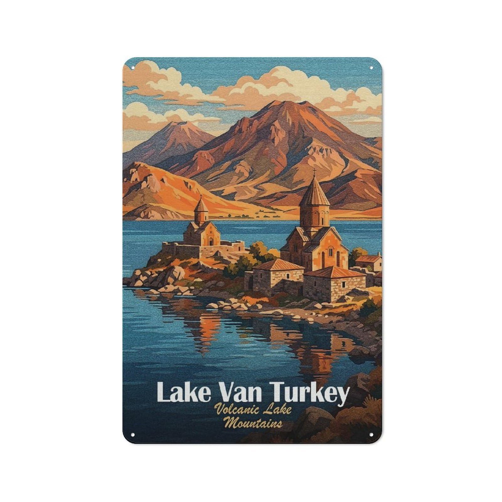 Junmoney Style-4 Barn Style Farmhouse Metal Sign 30X20cm Featuring Lake Van Turkey Landscape Illustration, Cottage Wall Art For Kitchen, Cottage, Porch Or Garden Room