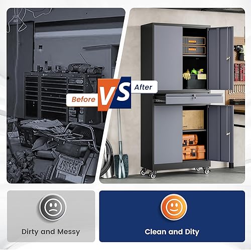 Miniatura 7 de Yizosh Armario de almacenamiento de metal para garaje con puertas de bloqueo y estantes ajustables, armario de almacenamiento de herramientas