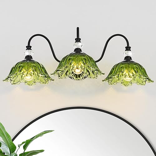 Lámpara de tocador de baño negra, luz de tocador de 3 luces con pantallas de vidrio verde floral, iluminación vintage de montaje en pared para baño,