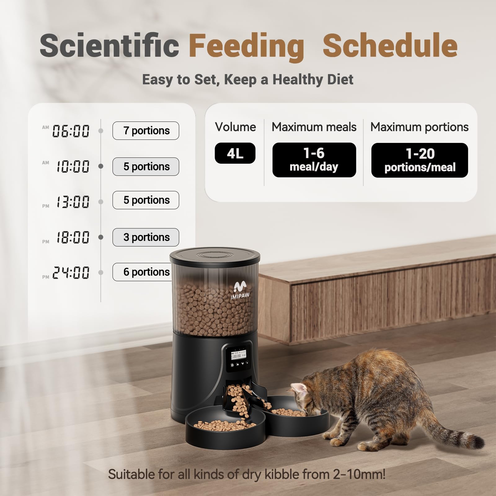 IMIPAW Distributore Automatico Cibo Gatti con 2 Ciotole, 4L Dispenser Cibo Cani con Timer Programmabile, 1-6 Pasti al Giorno, per Animali Di Piccola e Media Taglia
