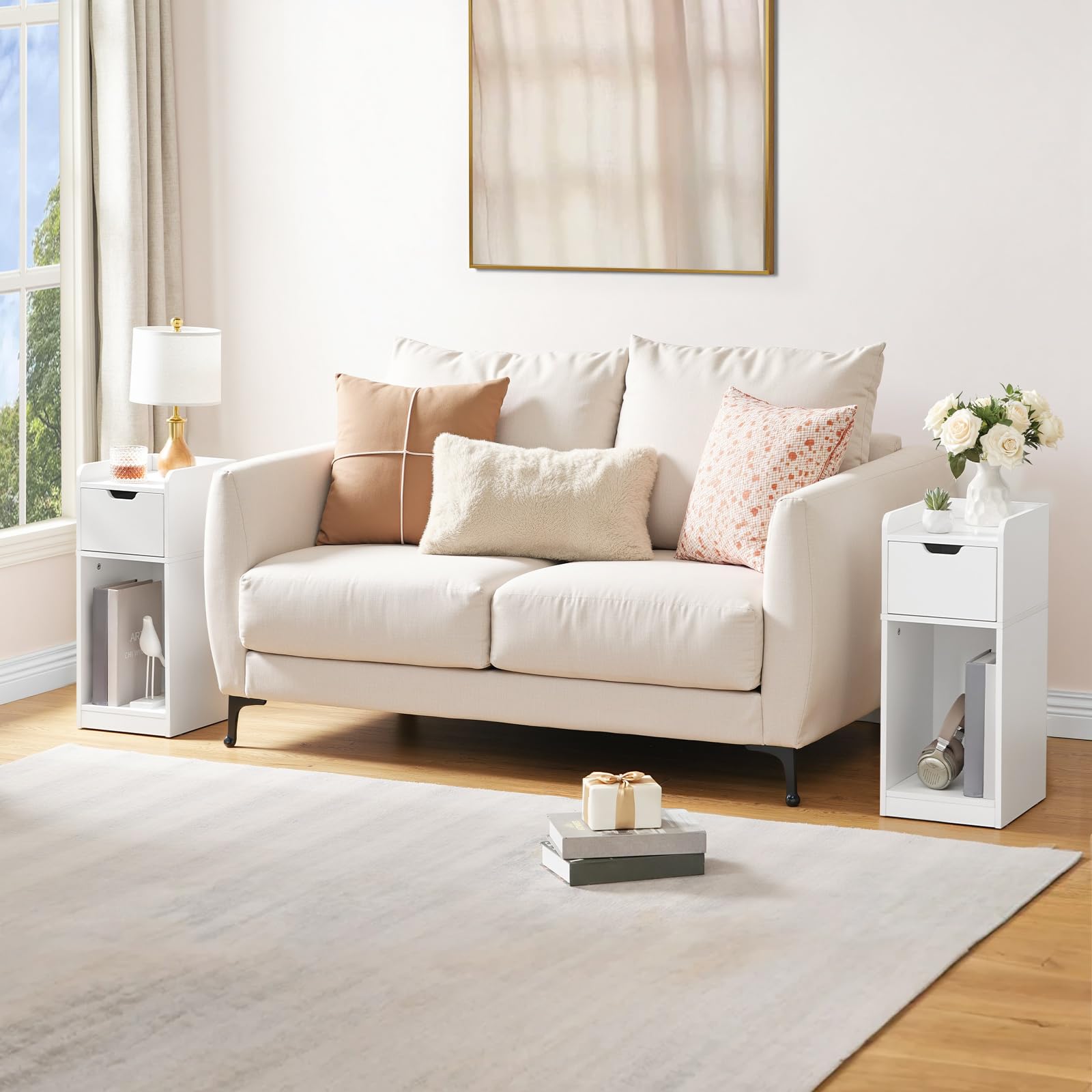 HOOBRO Tables de Chevet Étroites, Lot de 2, Petites Tables Basses avec Tiroir pour Chambre, Bouts de Canapé Ultra-Fins pour Salon, Tables d'Appoint Moderne en Bois, Petits Espaces, Blanc EWT325BZP201
