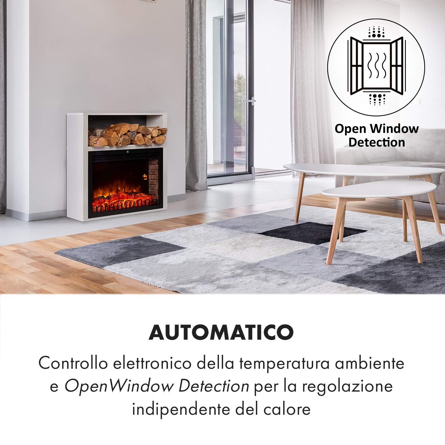 Klarstein Mauna Loa - Camino elettrico, riscaldamento a convezione, 1000/2000 W, fino a 40 m², termostato: 15-30 °C, illusione di fiamme, LED regolabile, telecomando, timer settimanale, bianco