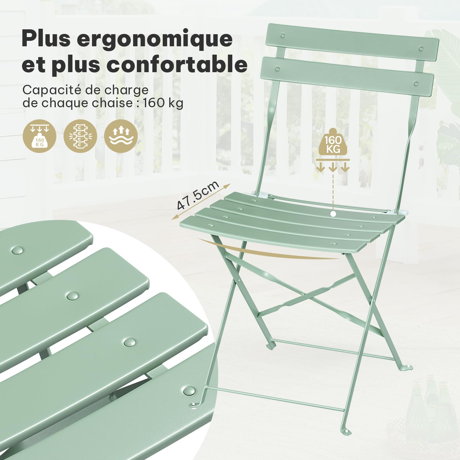 Table Ronde Pliante avec 2 Chaises Pliantes en Métal Vert eSituro Mobilier de Jardin