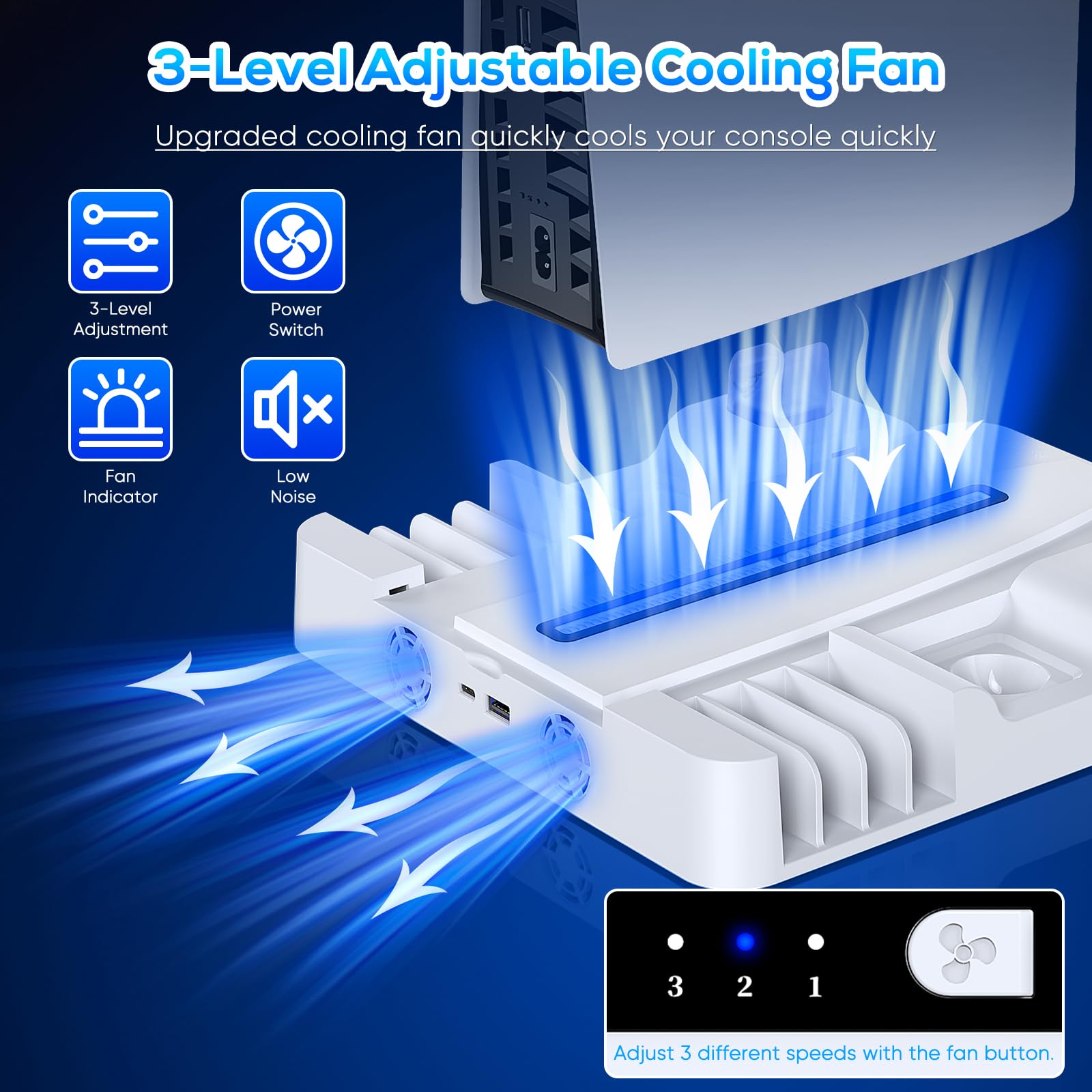 FASTSNAIL Support avec Ventilateur pour PS5/PS5 Slim/Pro Disc & Digital, Socle Compatible avec Playstation 5/Slim/Pro，Manette Chargeur Rapide pour DualSense/Edge, Accessoires pour PS5/PS5 Slim/Pro