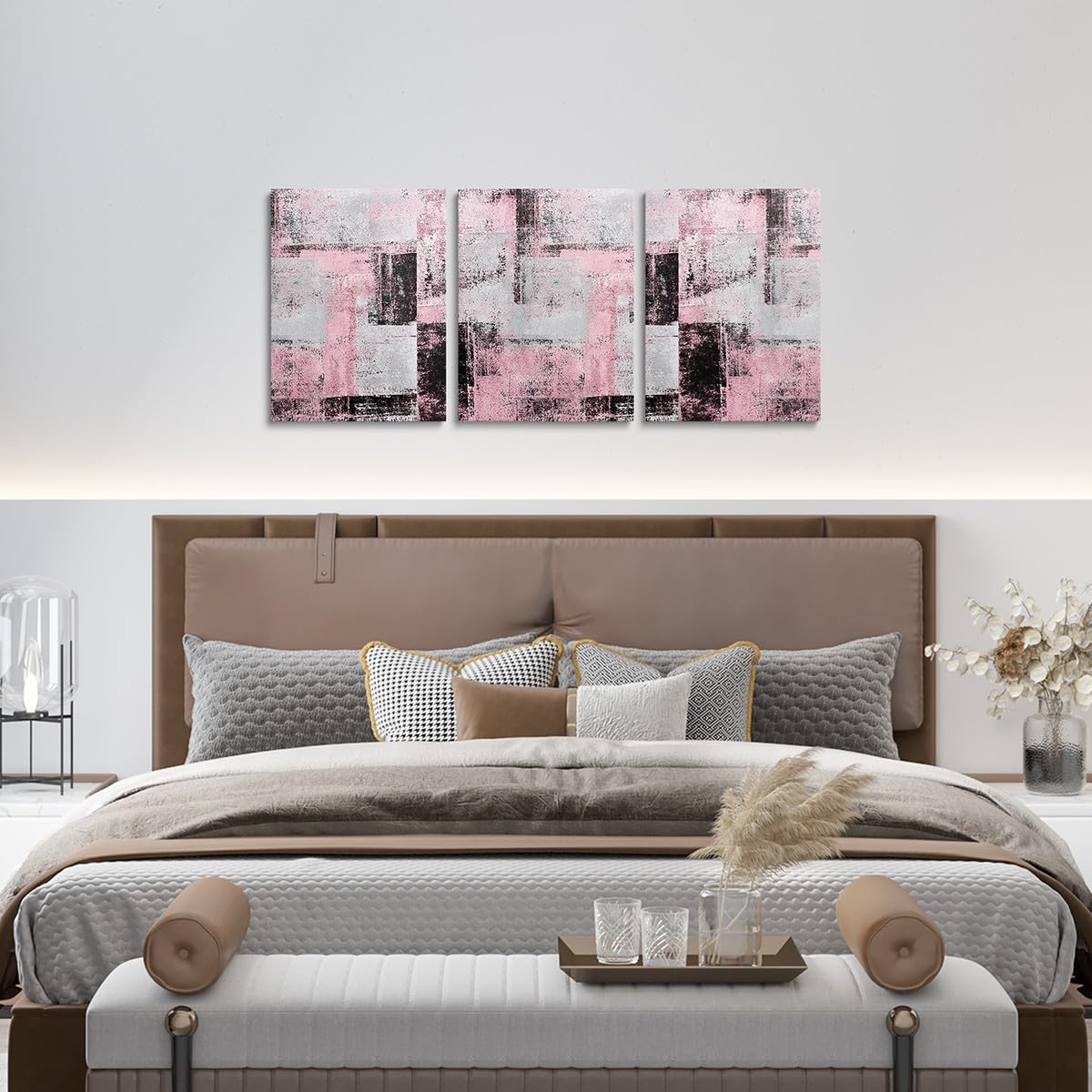 Pezzi di Quadri su Tela Rosa e Grigi Senza Cornice per Camera da Letto delle Ragazze, Decorazioni Nere e Grigie per Soggiorno, Dipinti Astratti, Stampe estetiche per la casa, opere