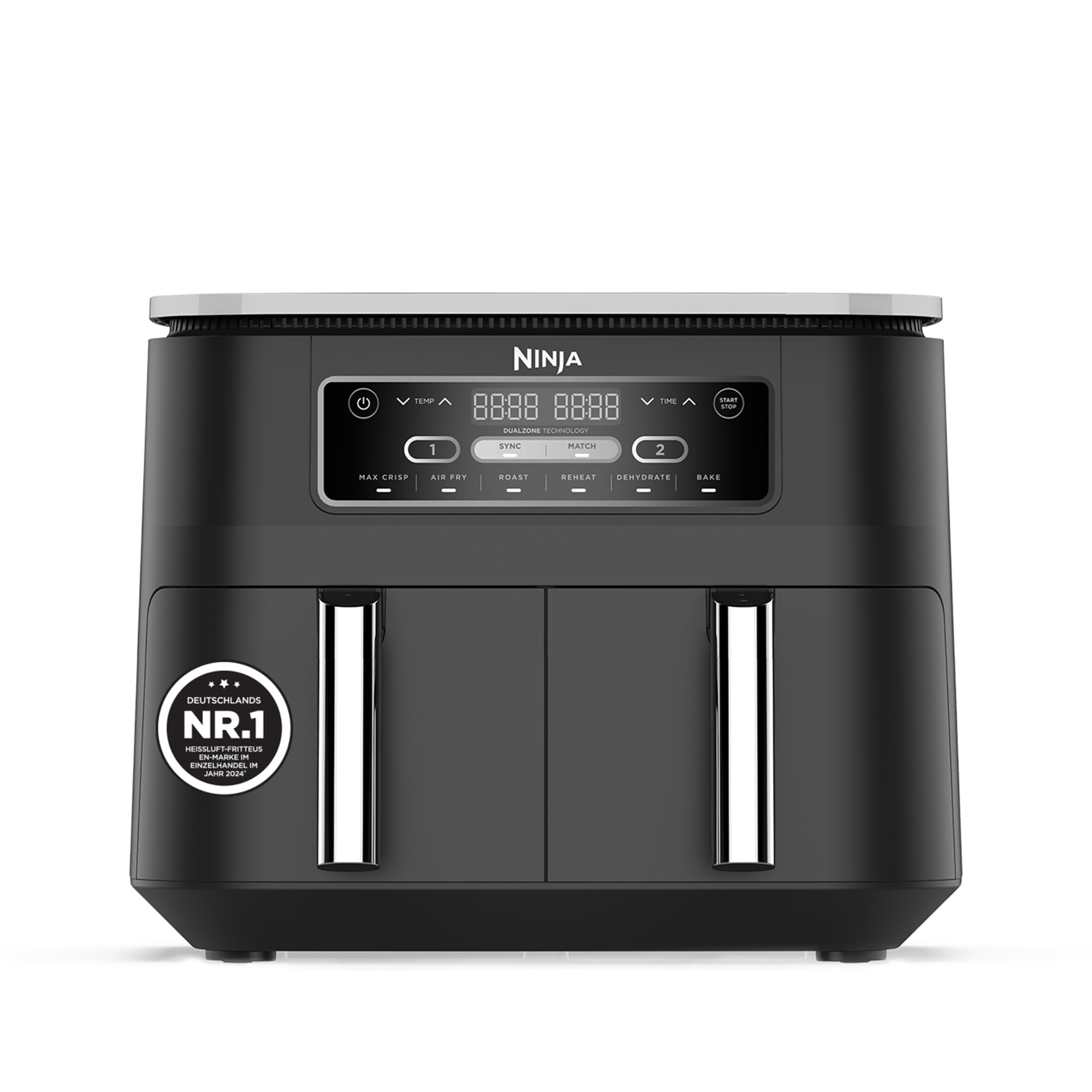 Ninja Foodi Dual Zone Digitale Heißluftfritteuse, 7,6L Airfryer, 2 Fächer, Antihaftbeschichtung, spülmaschinenfeste Körbe, 6-in-1, 4-6 Portionen, Schwarz AF300EU