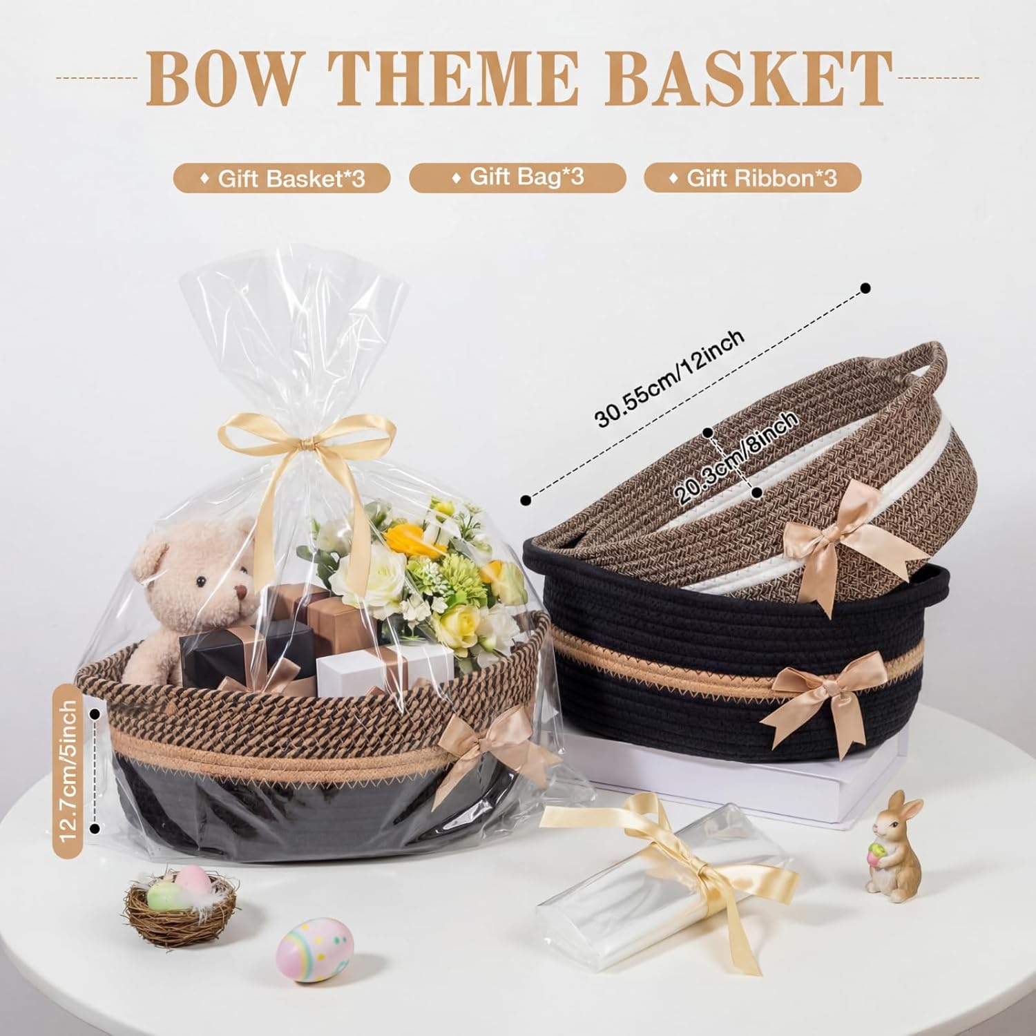 Colingmill 3 Pack Mother’s Day Small Bow Woven Basket Empty with Handles Gift Bags and Ribbon 12" x 8" x 5" Gift Baskets to Fill Storage Box Pet Toy Wedding Graduation Presents(Black)